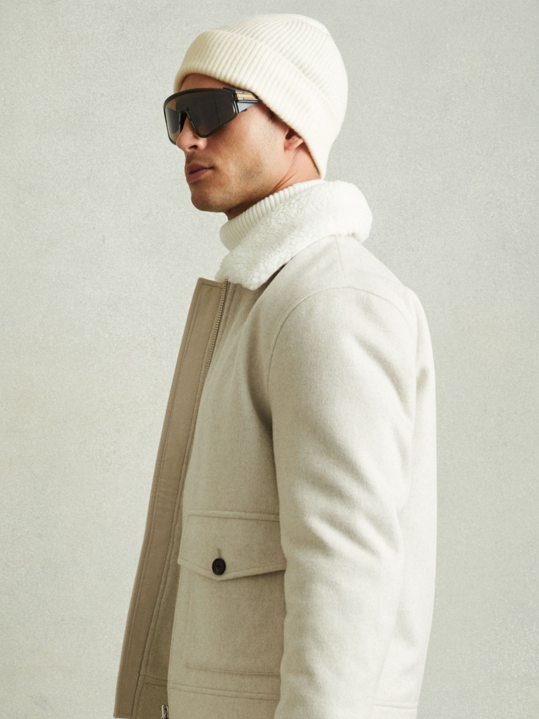 Merino Wool Ribbed Beanie Hat in Off White - Image 2 of 4
