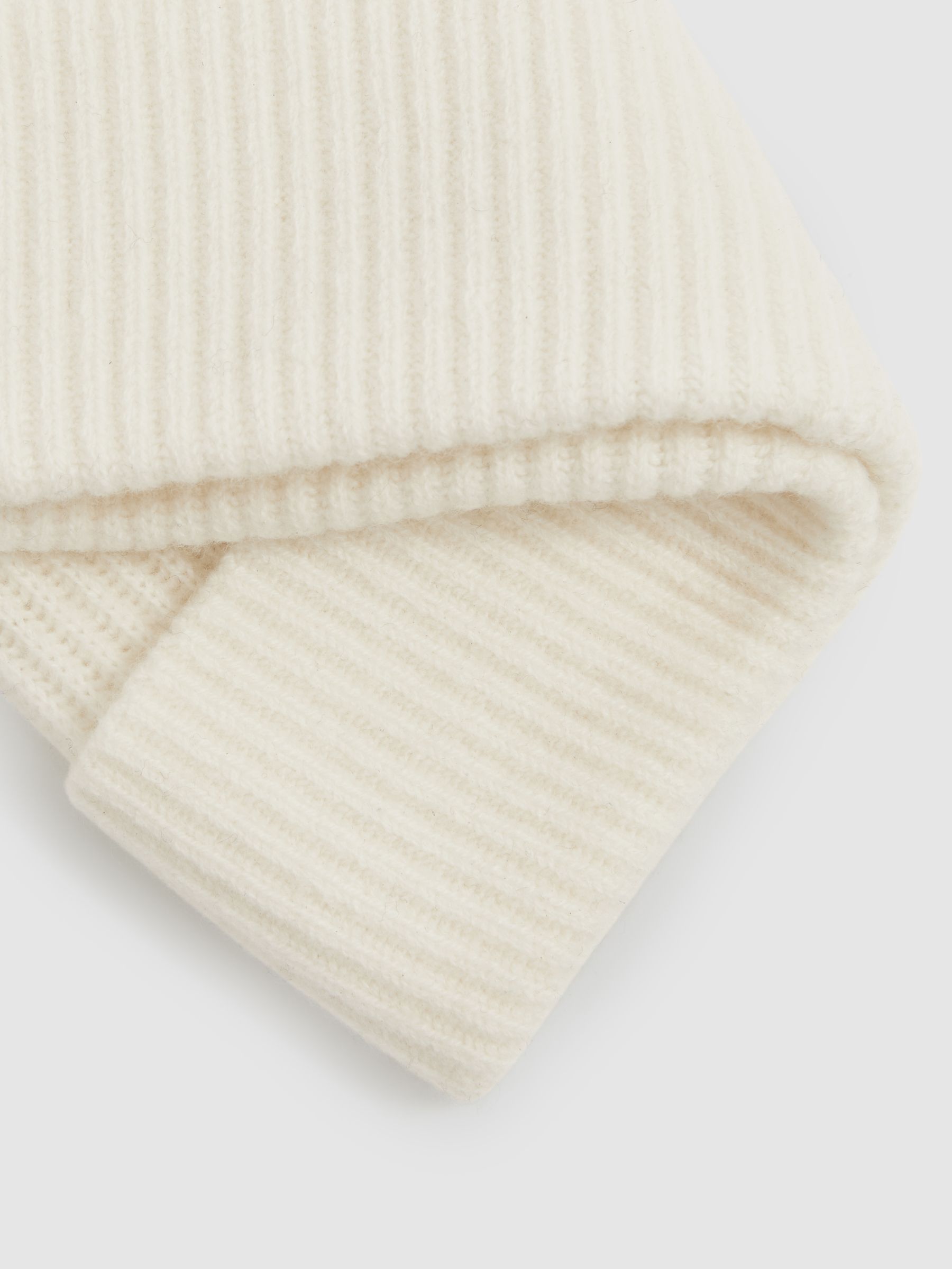 Merino Wool Ribbed Beanie Hat in Off White - Image 3 of 4