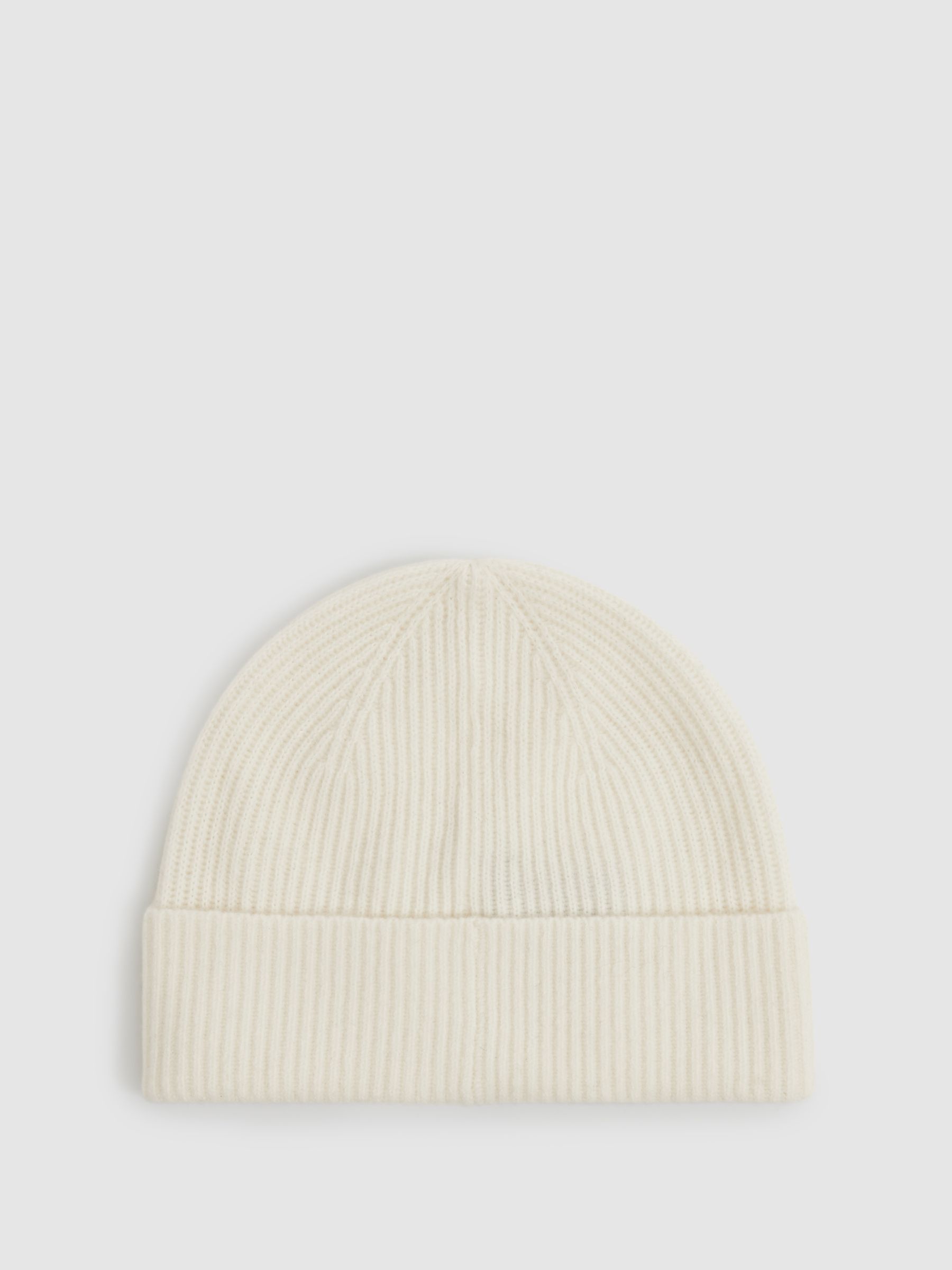 Merino Wool Ribbed Beanie Hat in Off White - Image 4 of 4