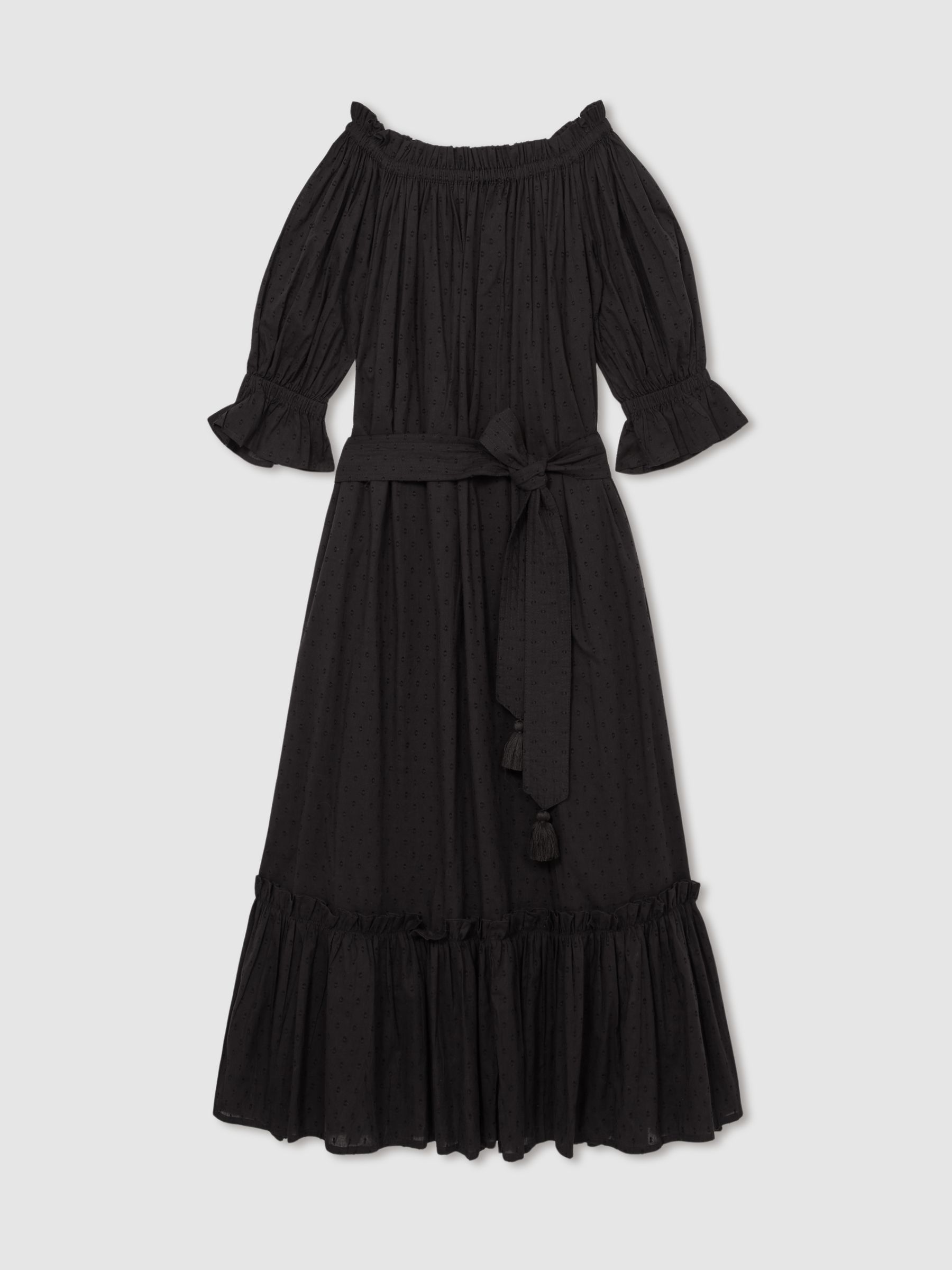 Mille 100% Cotton Off-Shoulder Belted Midi Dress in Black - Image 2 of 8
