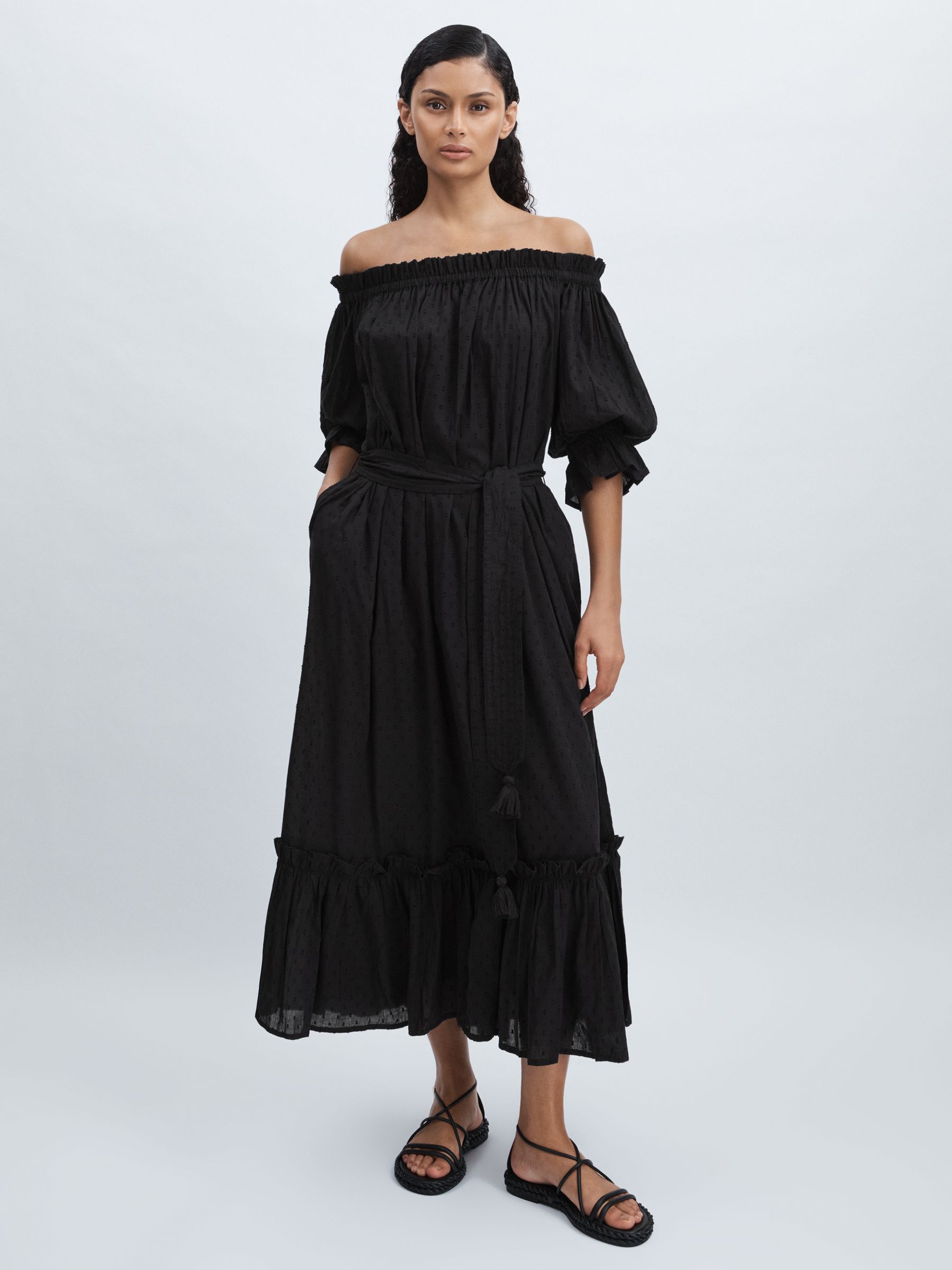 Mille 100% Cotton Off-Shoulder Belted Midi Dress in Black - Image 3 of 8
