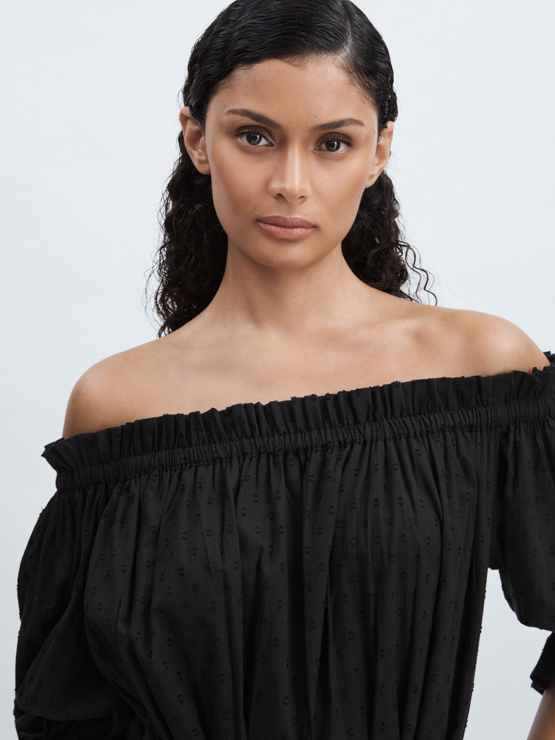 Mille 100% Cotton Off-Shoulder Belted Midi Dress in Black - Image 4 of 8