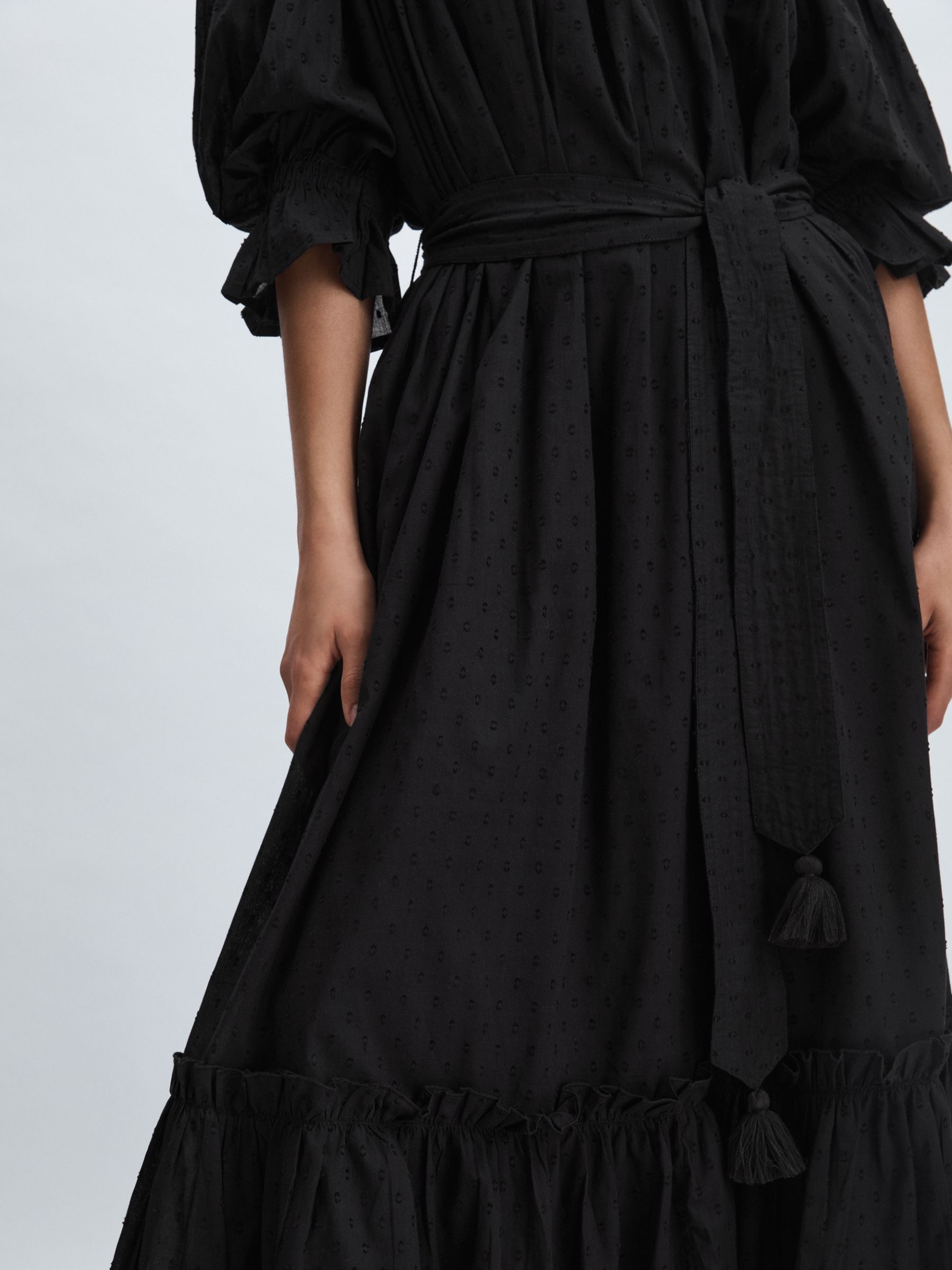 Mille 100% Cotton Off-Shoulder Belted Midi Dress in Black - Image 5 of 8