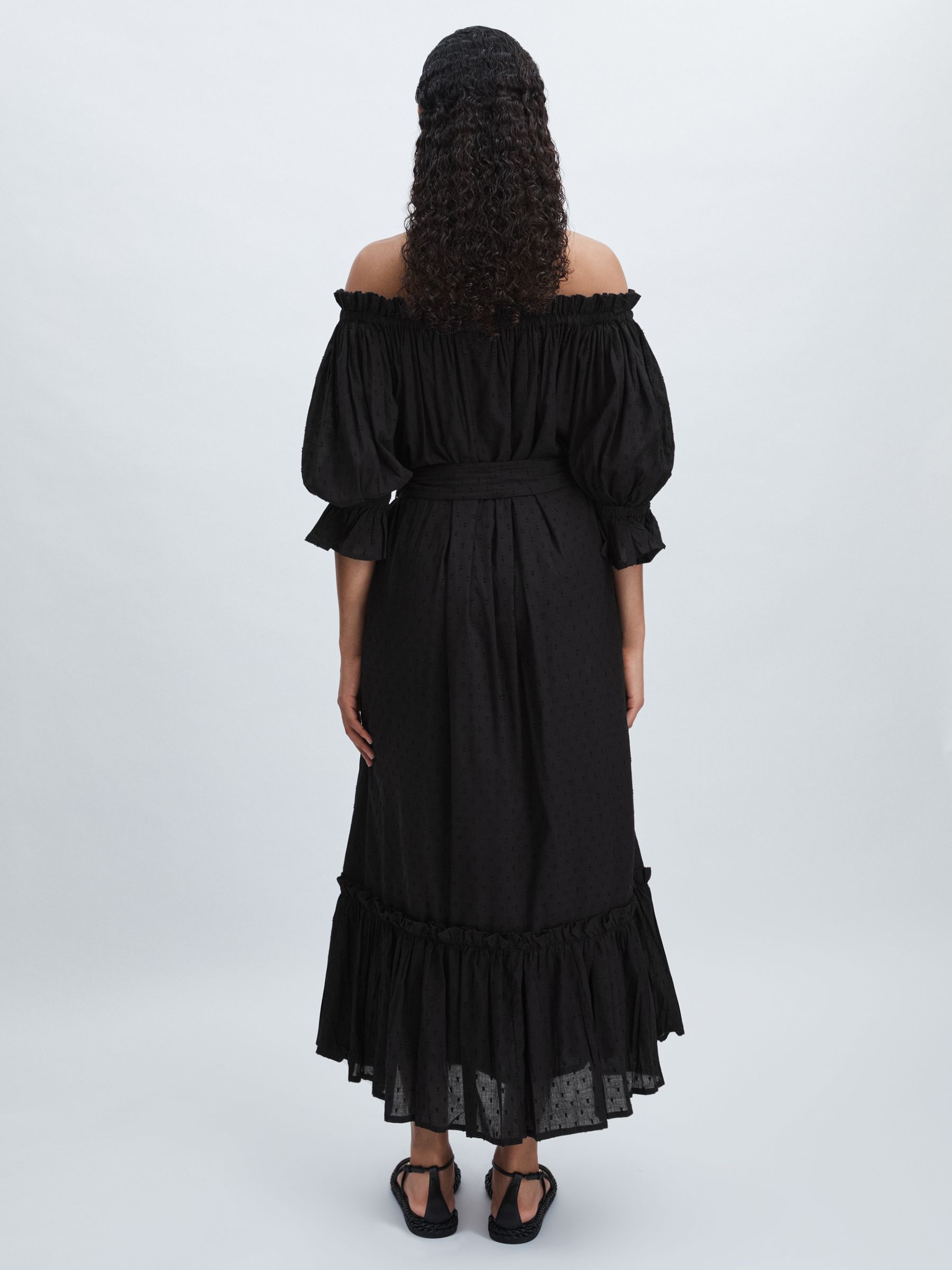 Mille 100% Cotton Off-Shoulder Belted Midi Dress in Black - Image 6 of 8
