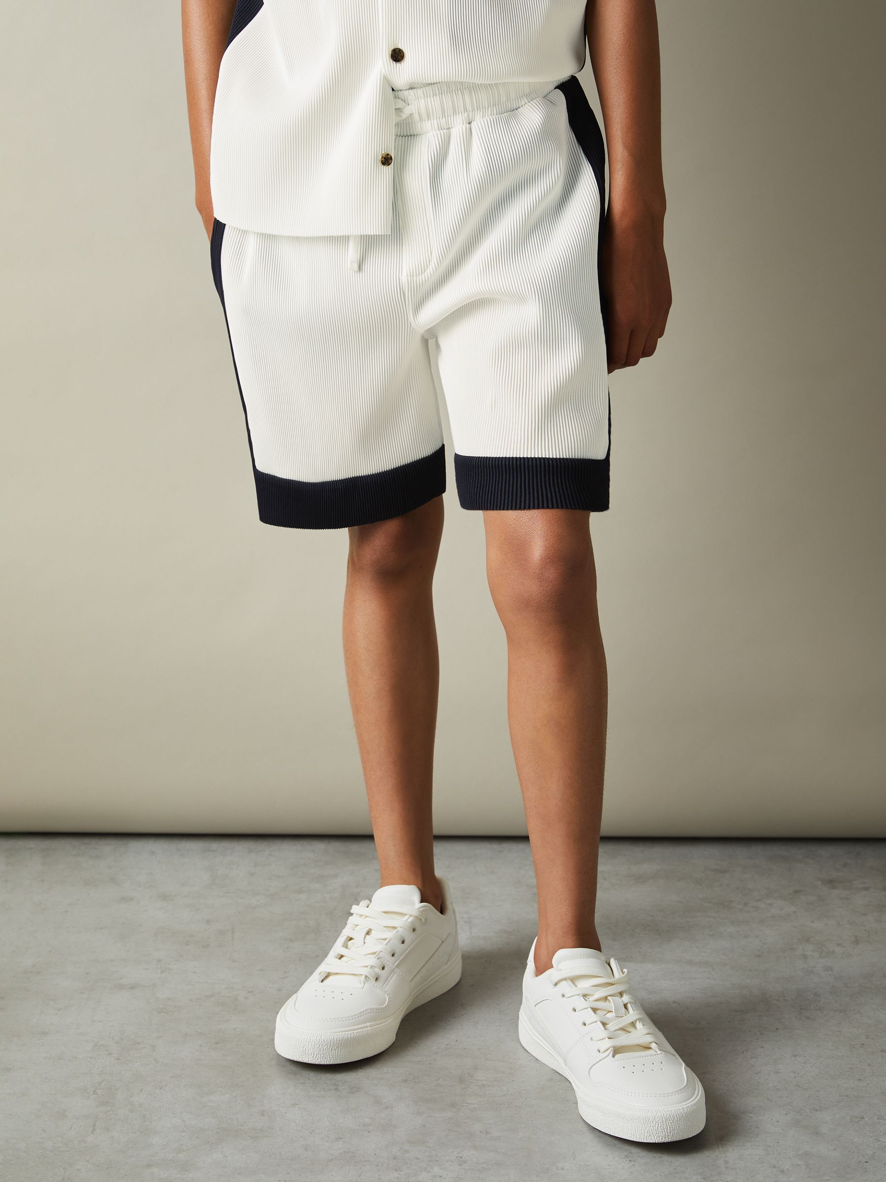 Senior Colourblock Plisse Drawstring Shorts in Optic White/Navy - Image 1 of 4