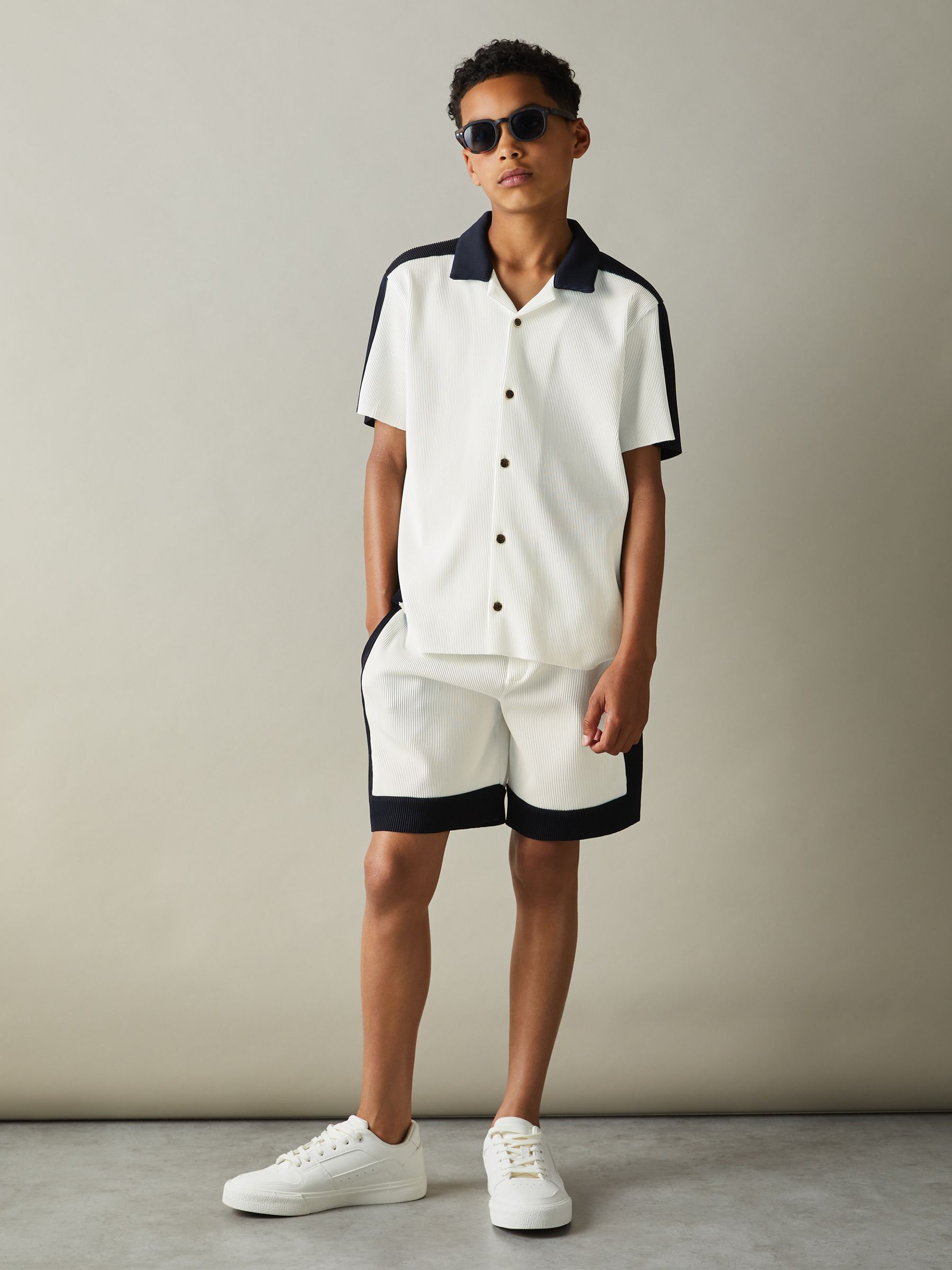 Senior Colourblock Plisse Drawstring Shorts in Optic White/Navy - Image 3 of 4