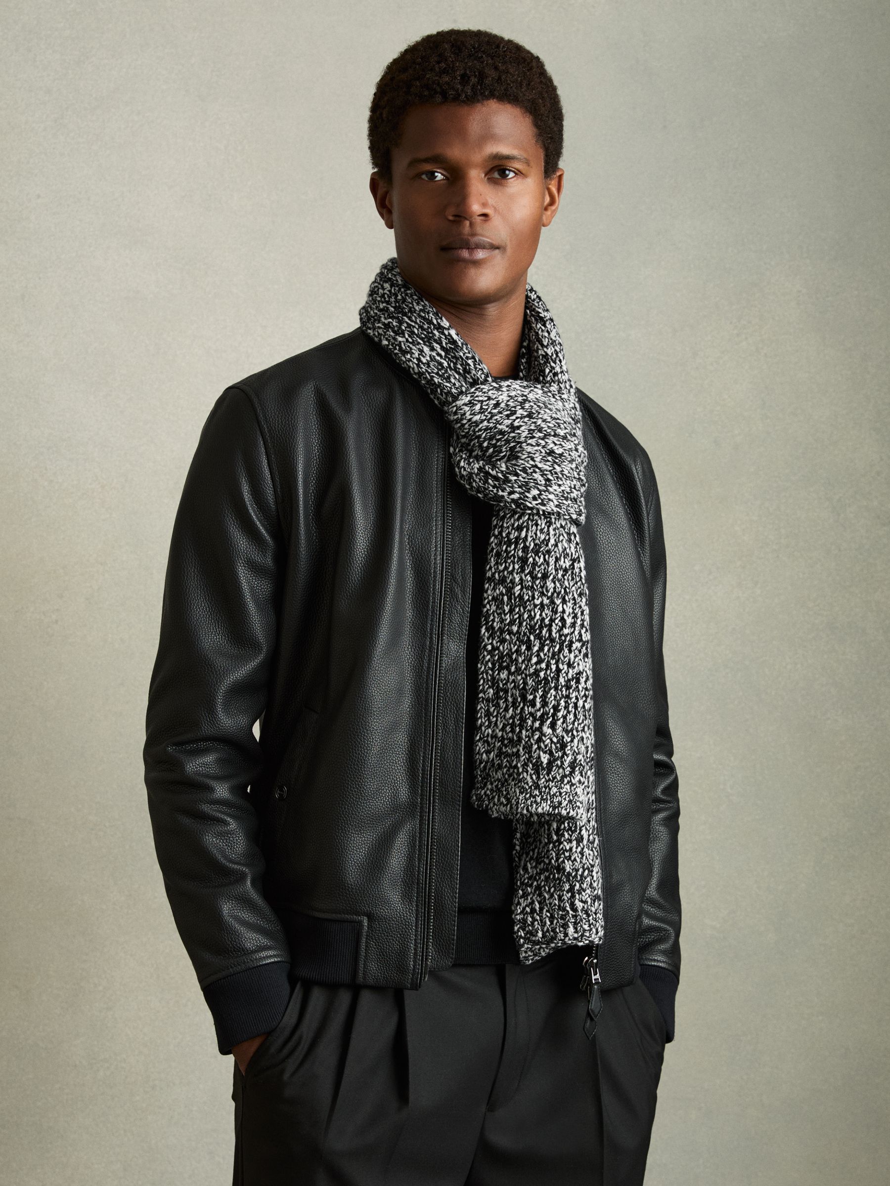 Cotton-Wool Ribbed Mouliné Scarf in Black/White - Image 2 of 5