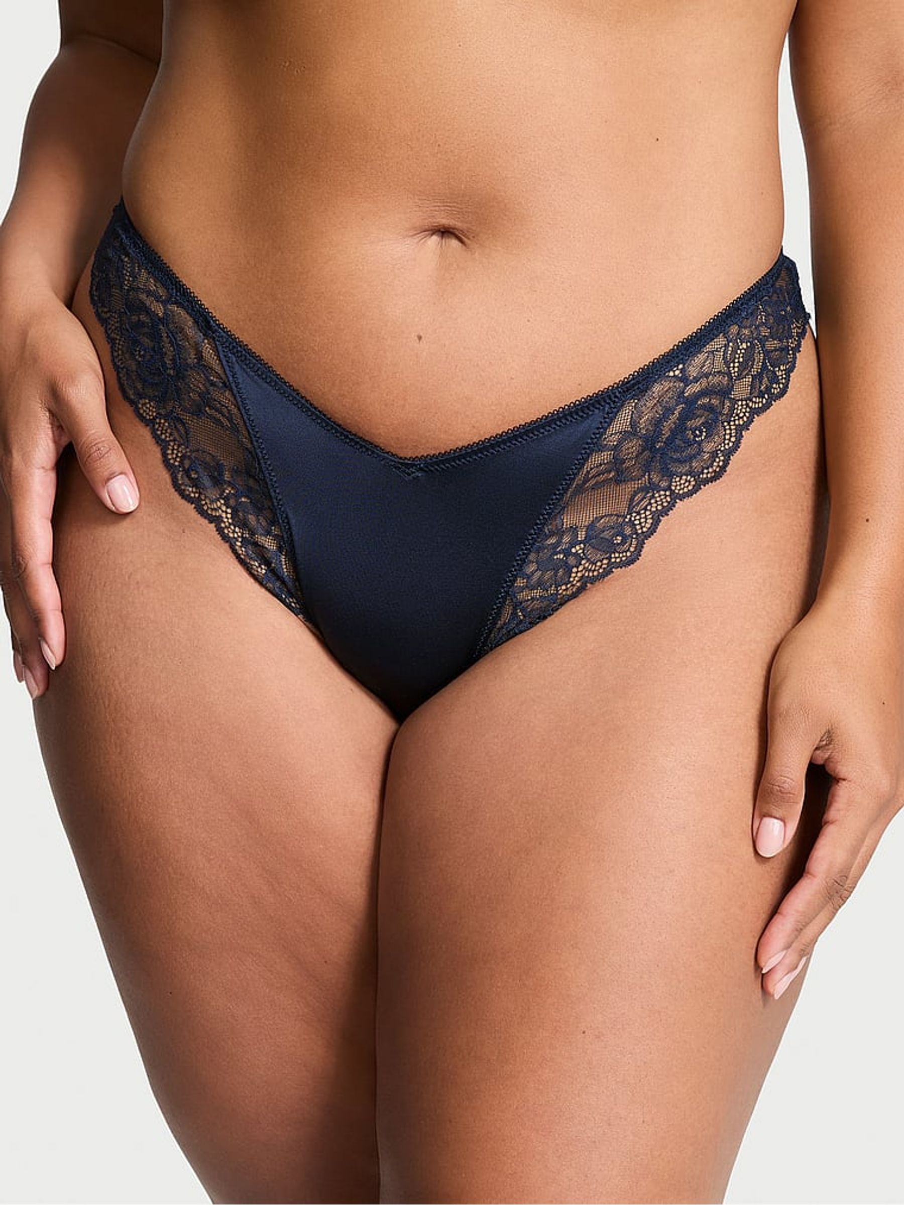 Dark Twilight Blue Thong Rose Lace Trim Knickers - Image 1 of 3