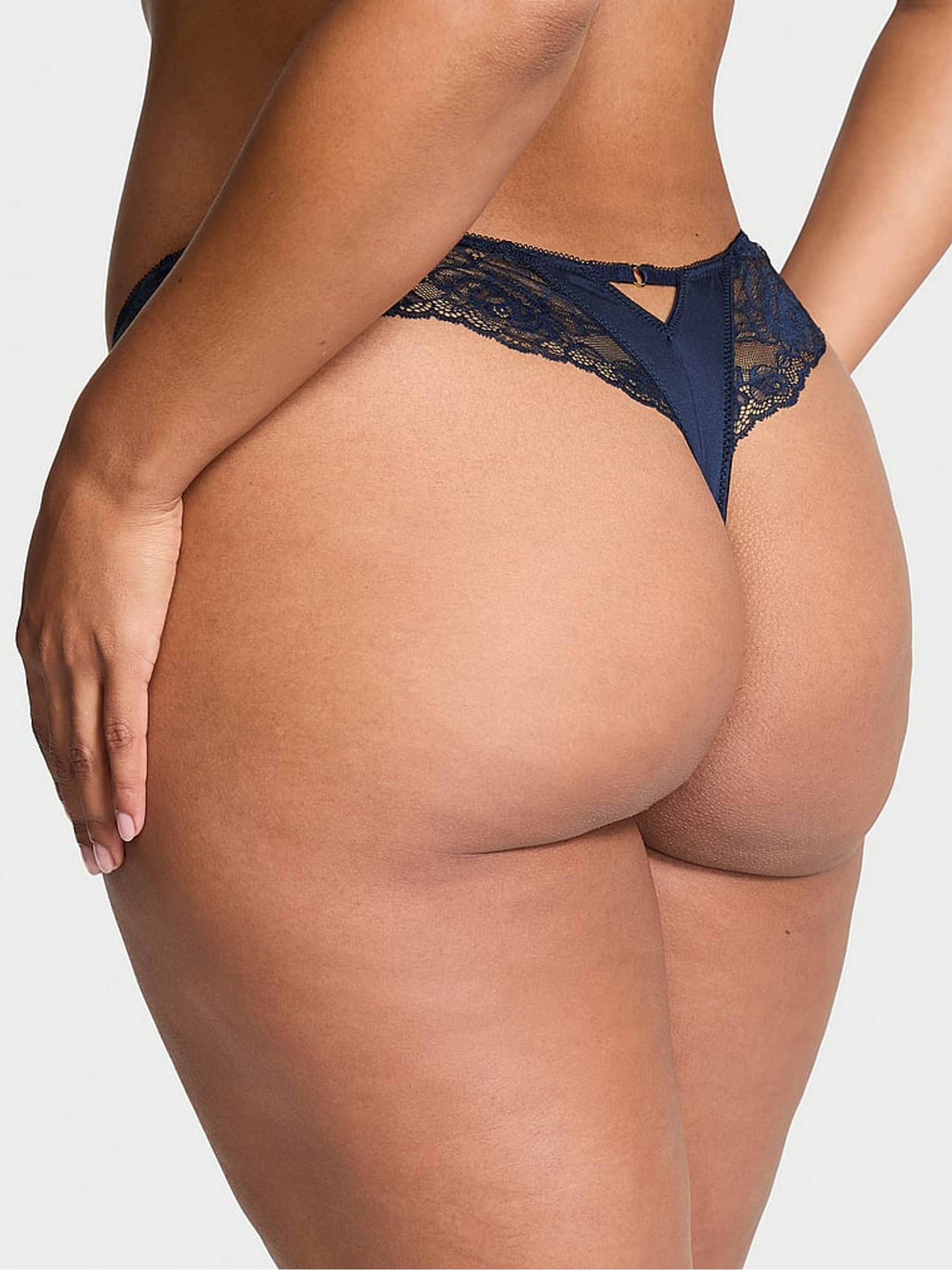 Dark Twilight Blue Thong Rose Lace Trim Knickers - Image 2 of 3