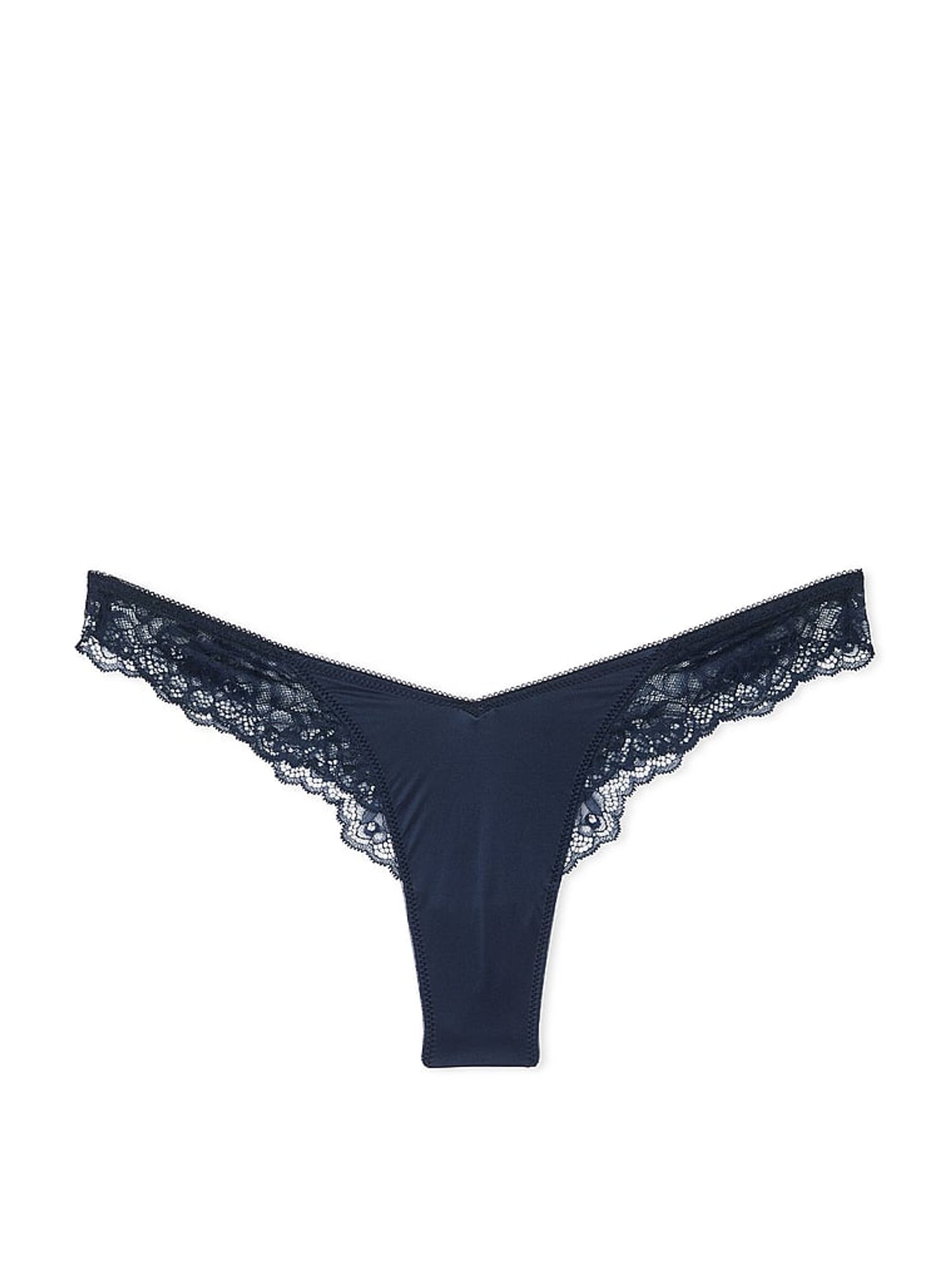 Dark Twilight Blue Thong Rose Lace Trim Knickers - Image 3 of 3