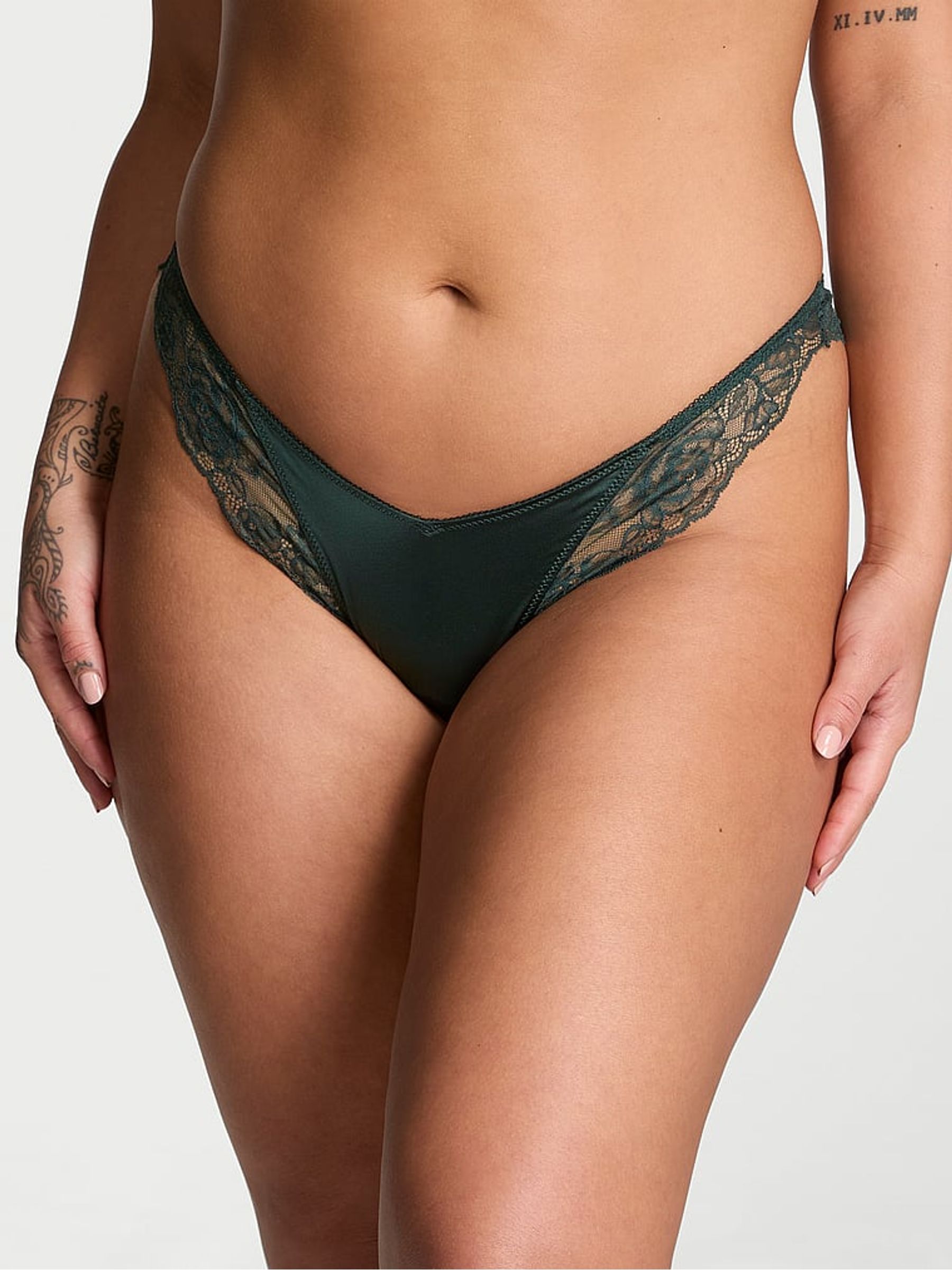 Botanical Green Thong Rose Lace Trim Knickers - Image 1 of 4