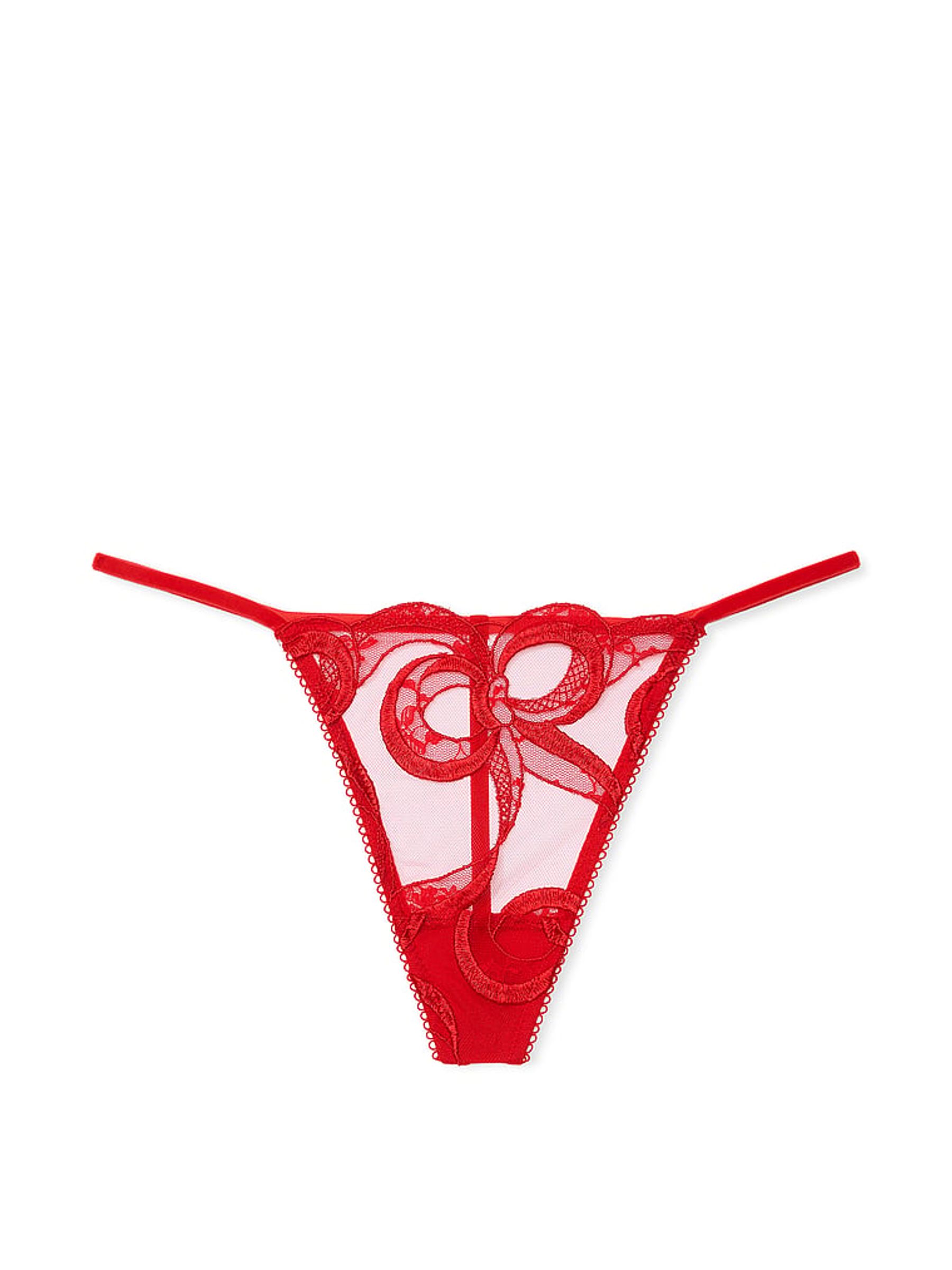 Vermillion Red Thong Bow Embroidery Knickers - Image 3 of 4