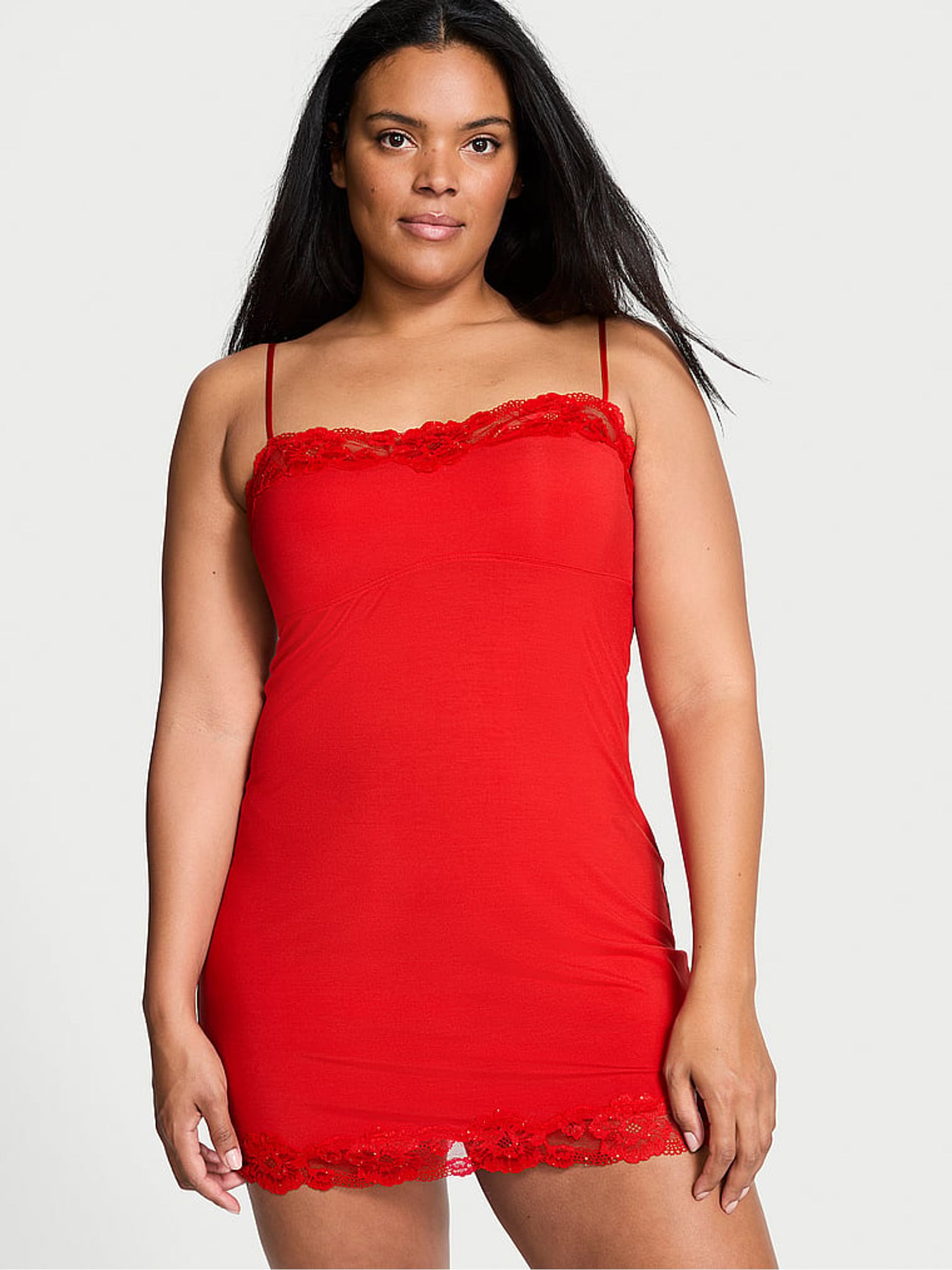 Lipstick Red Sequin Lace Modal Straight Neck Slip Dress - Image 1 of 2