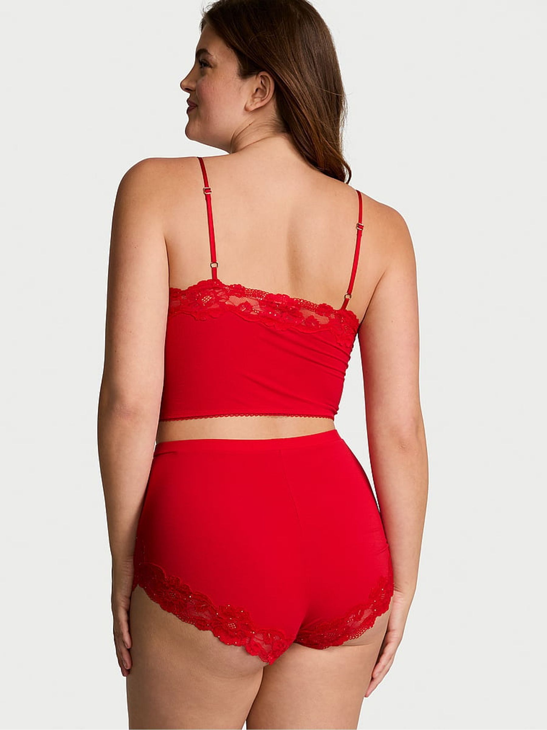 Lipstick Red Sequin Lace Straight Neck Modal Cami Set - Image 2 of 3