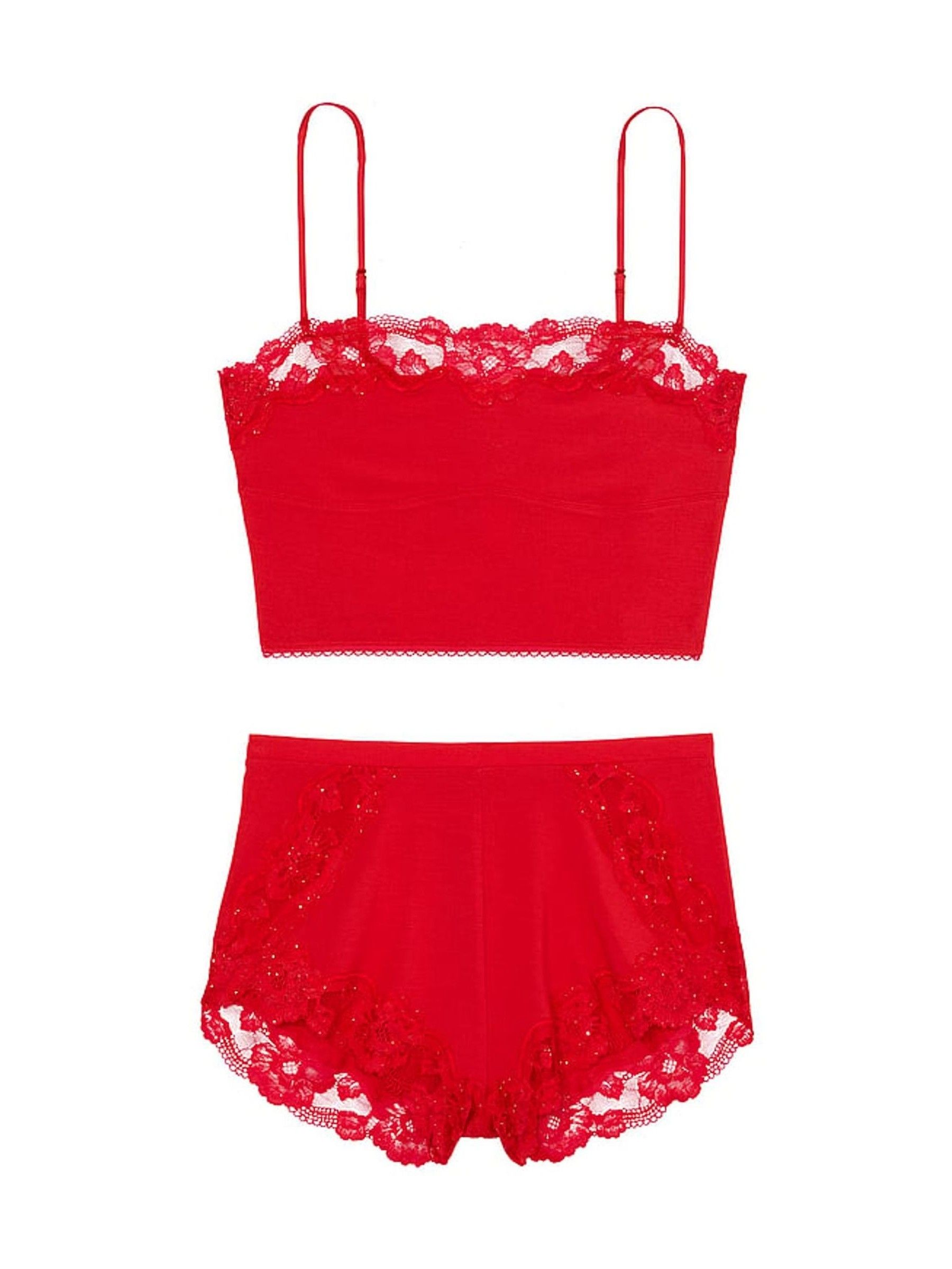 Lipstick Red Sequin Lace Straight Neck Modal Cami Set - Image 3 of 3