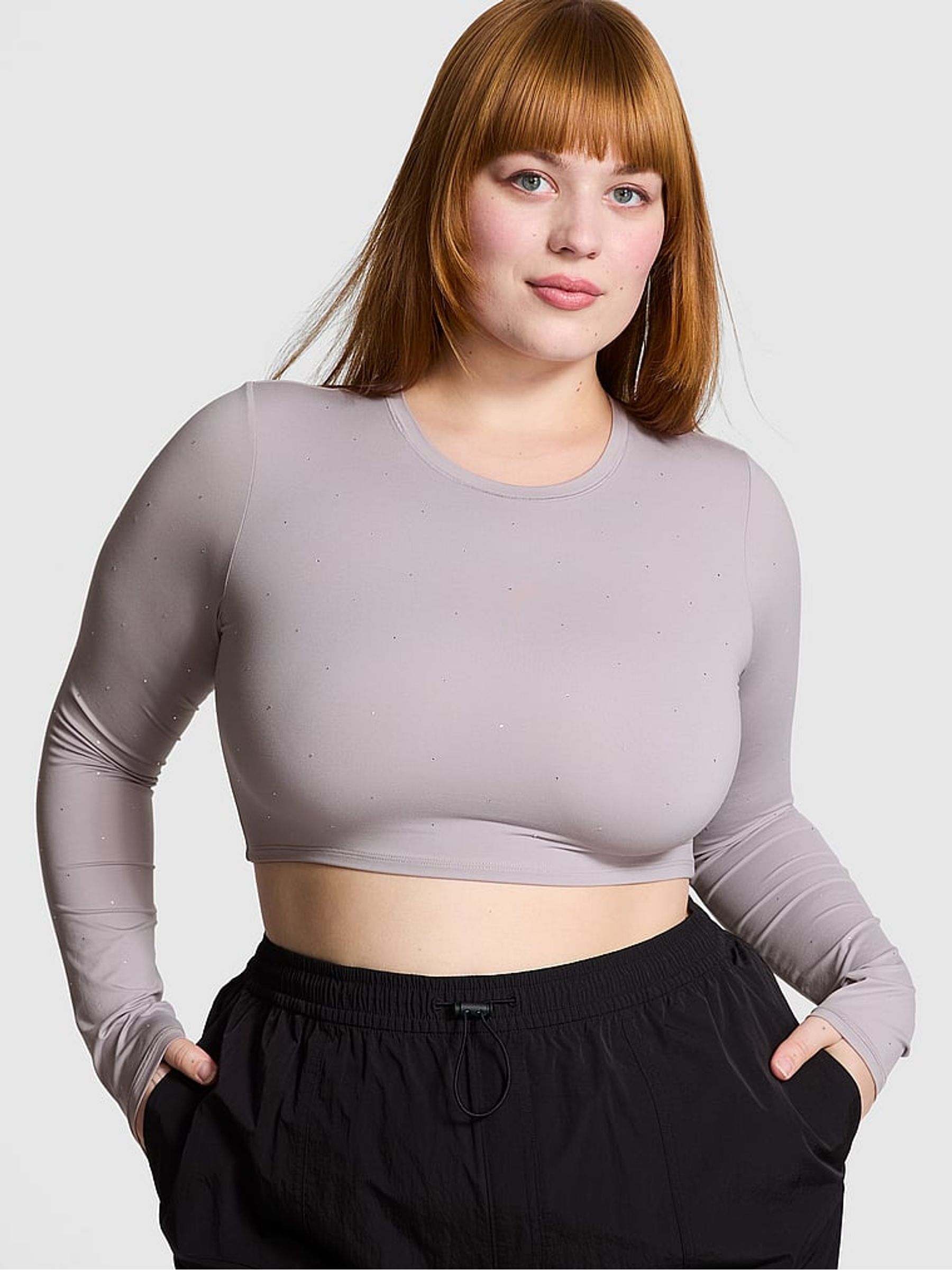 Dusty Purple Diamanate Long Sleeve Soft Stretch Cropped T-Shirt - Image 1 of 3