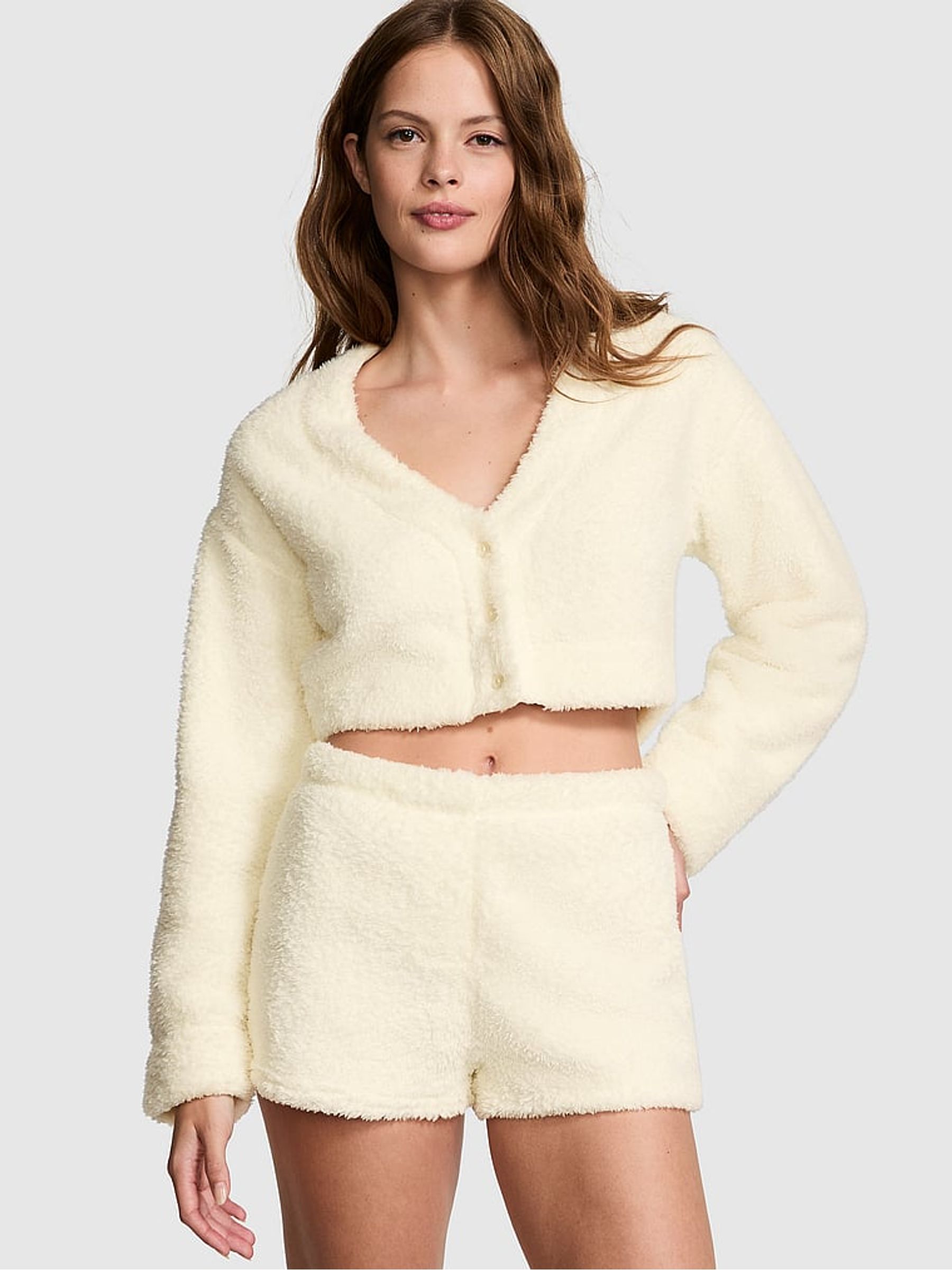 Creamer White Cosy Knit Cropped Cardigan Pyjama Top - Image 1 of 3