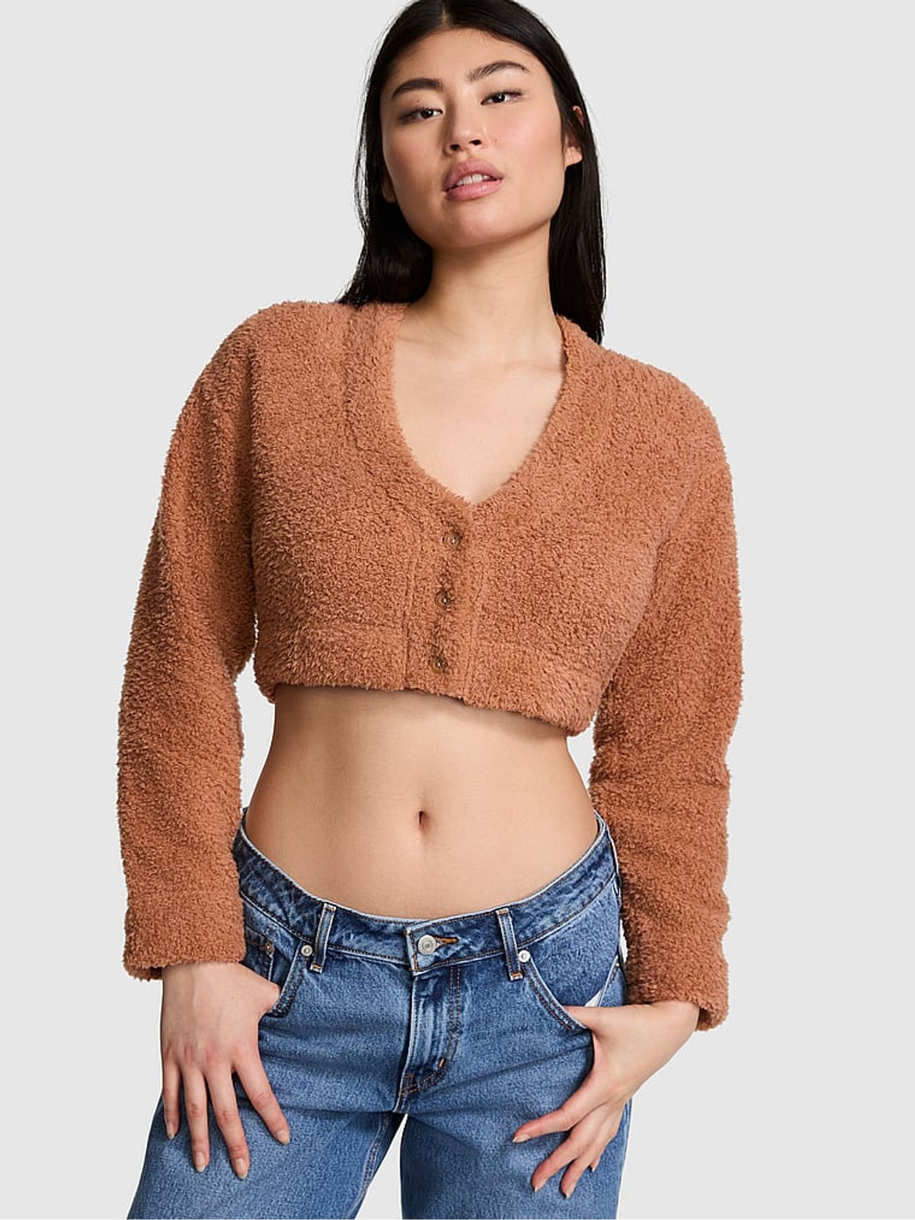 Toffee Brown Cosy Knit Cropped Cardigan Pyjama Top - Image 1 of 3
