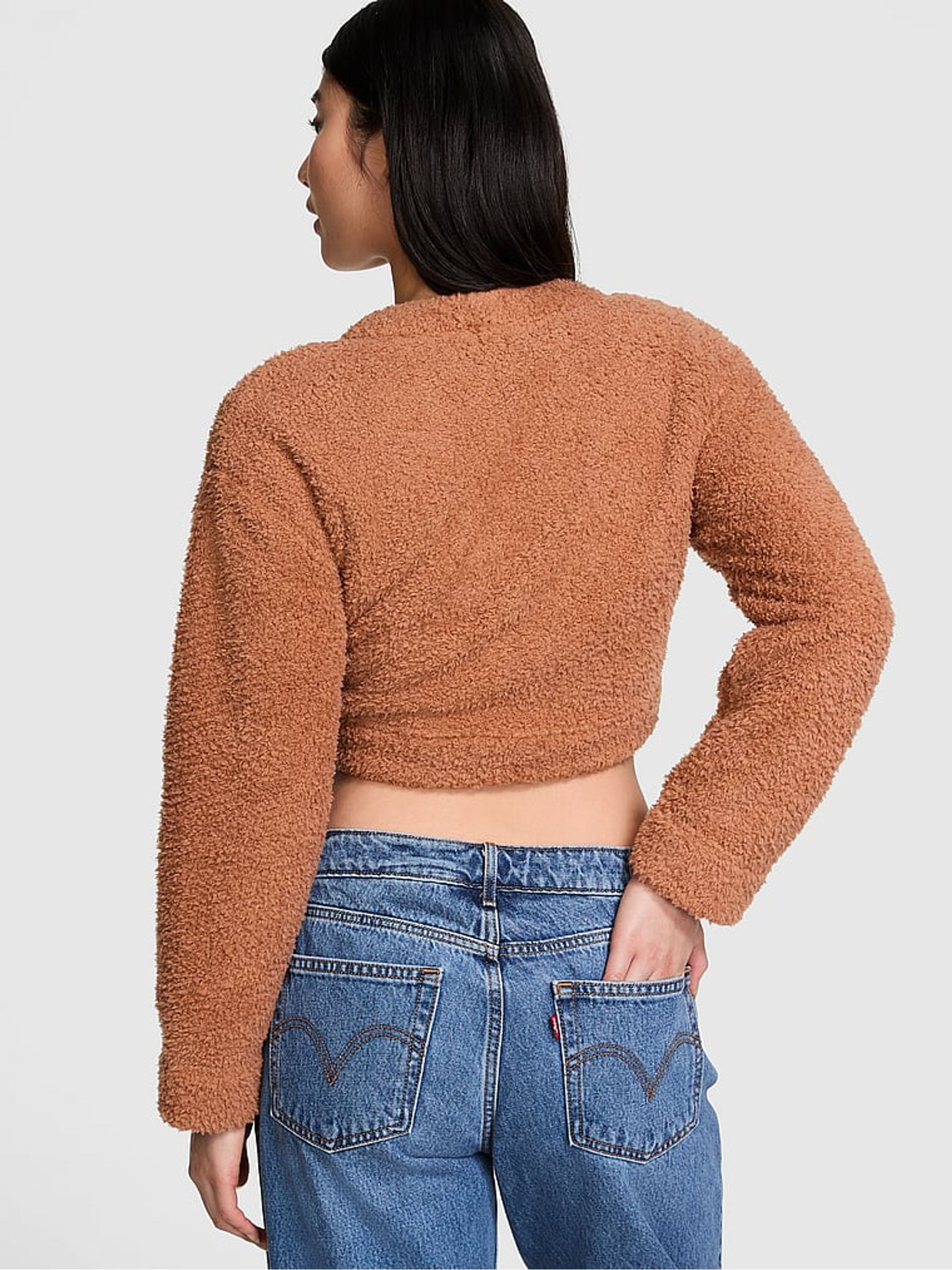 Toffee Brown Cosy Knit Cropped Cardigan Pyjama Top - Image 2 of 3