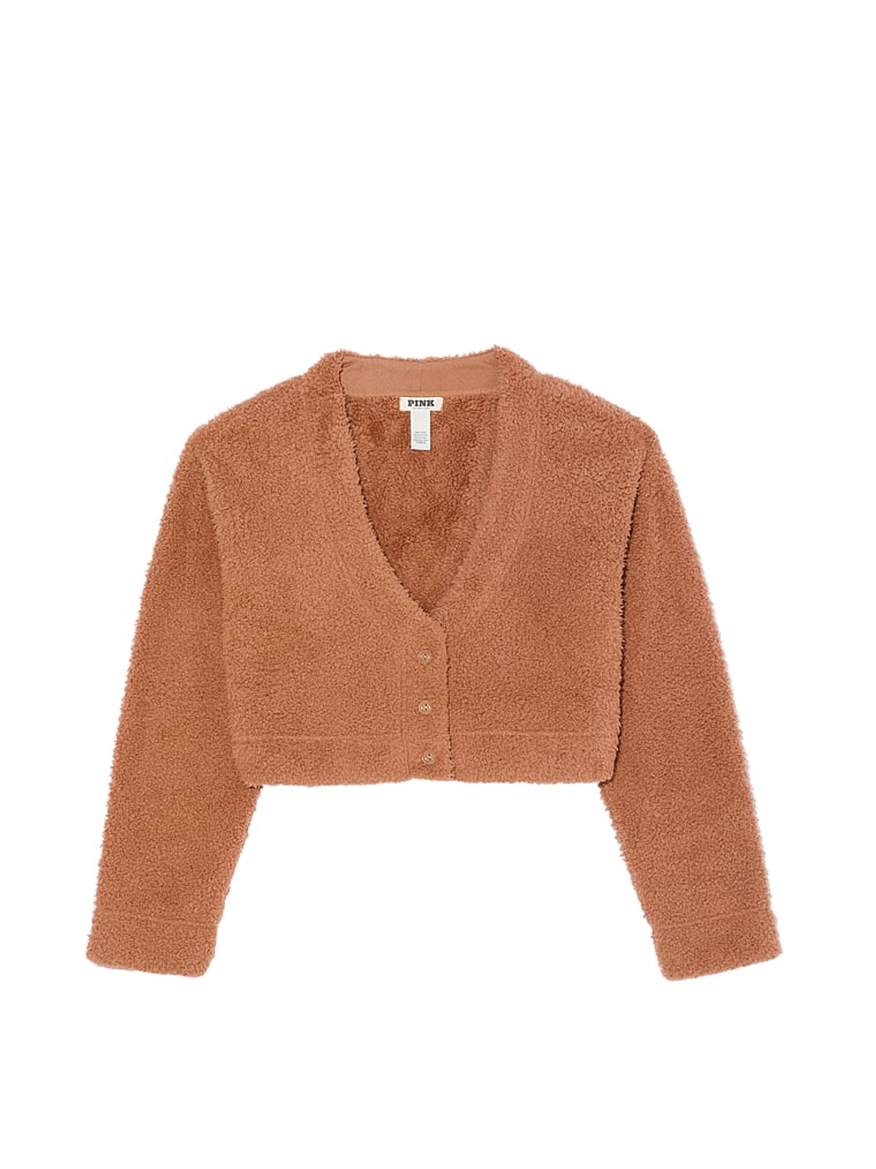 Toffee Brown Cosy Knit Cropped Cardigan Pyjama Top - Image 3 of 3