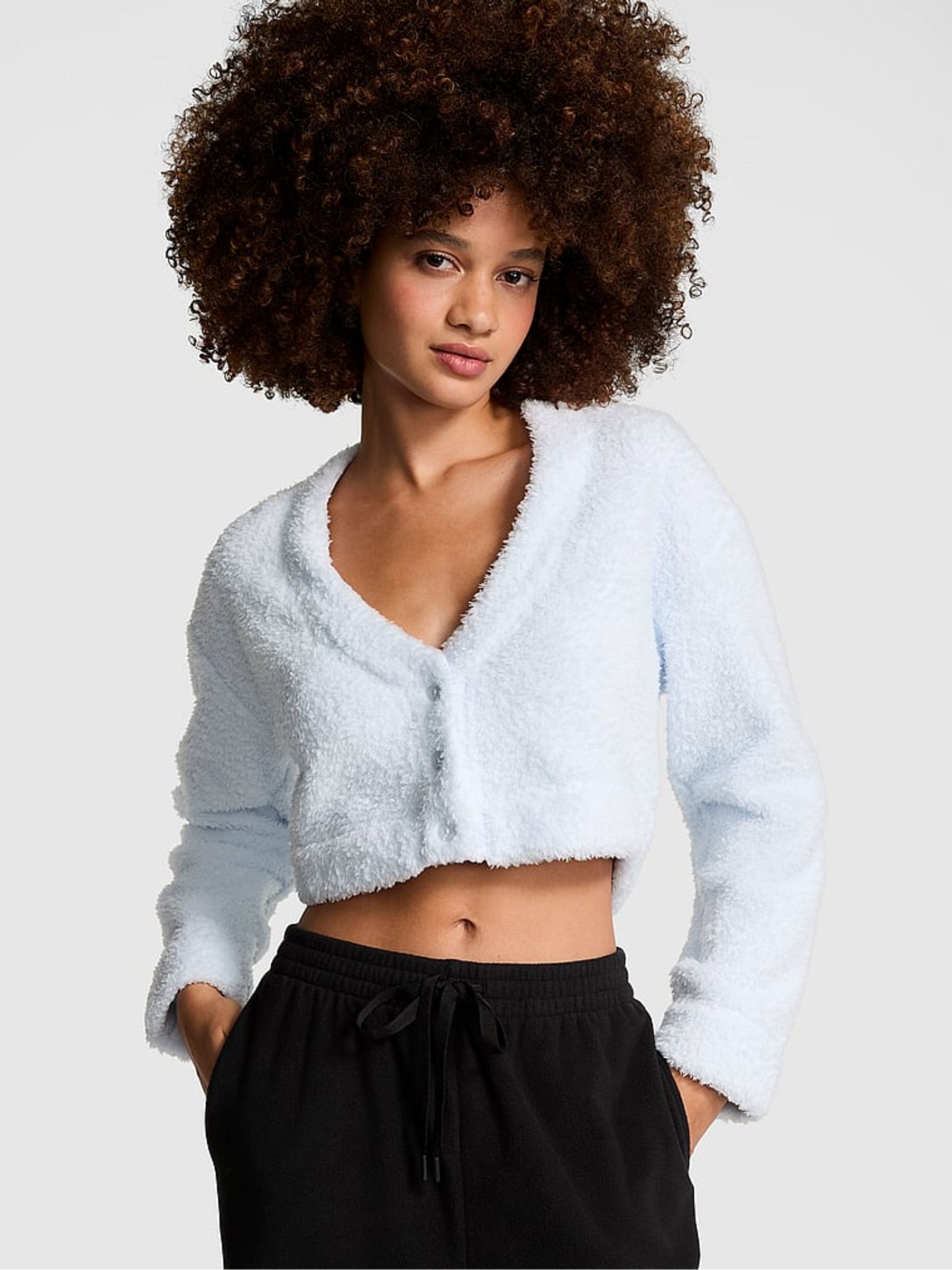 Hydrangea Blue Cosy Knit Cropped Cardigan Pyjama Top - Image 1 of 3
