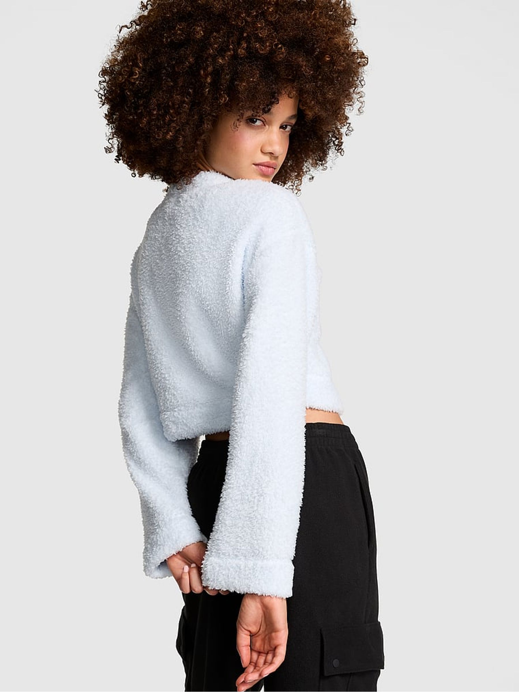 Hydrangea Blue Cosy Knit Cropped Cardigan Pyjama Top - Image 2 of 3