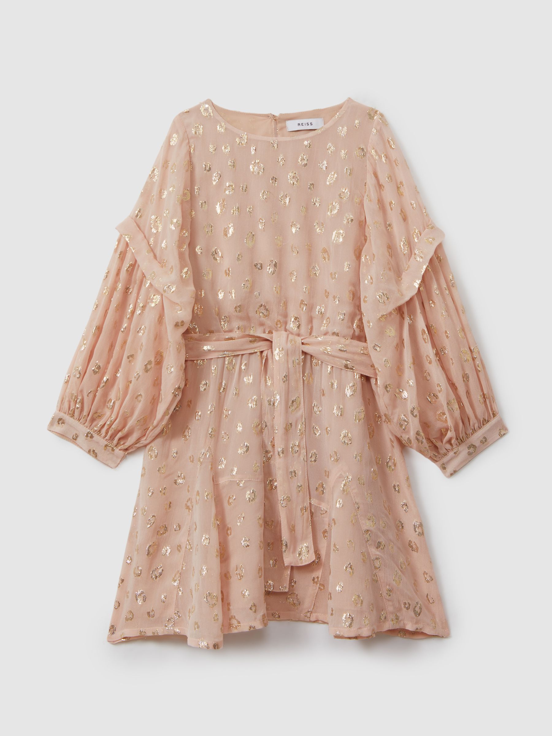 4-9 yrs Metallic Jacquard Print Puff Sleeve Dress in Pink - Image 2 of 5