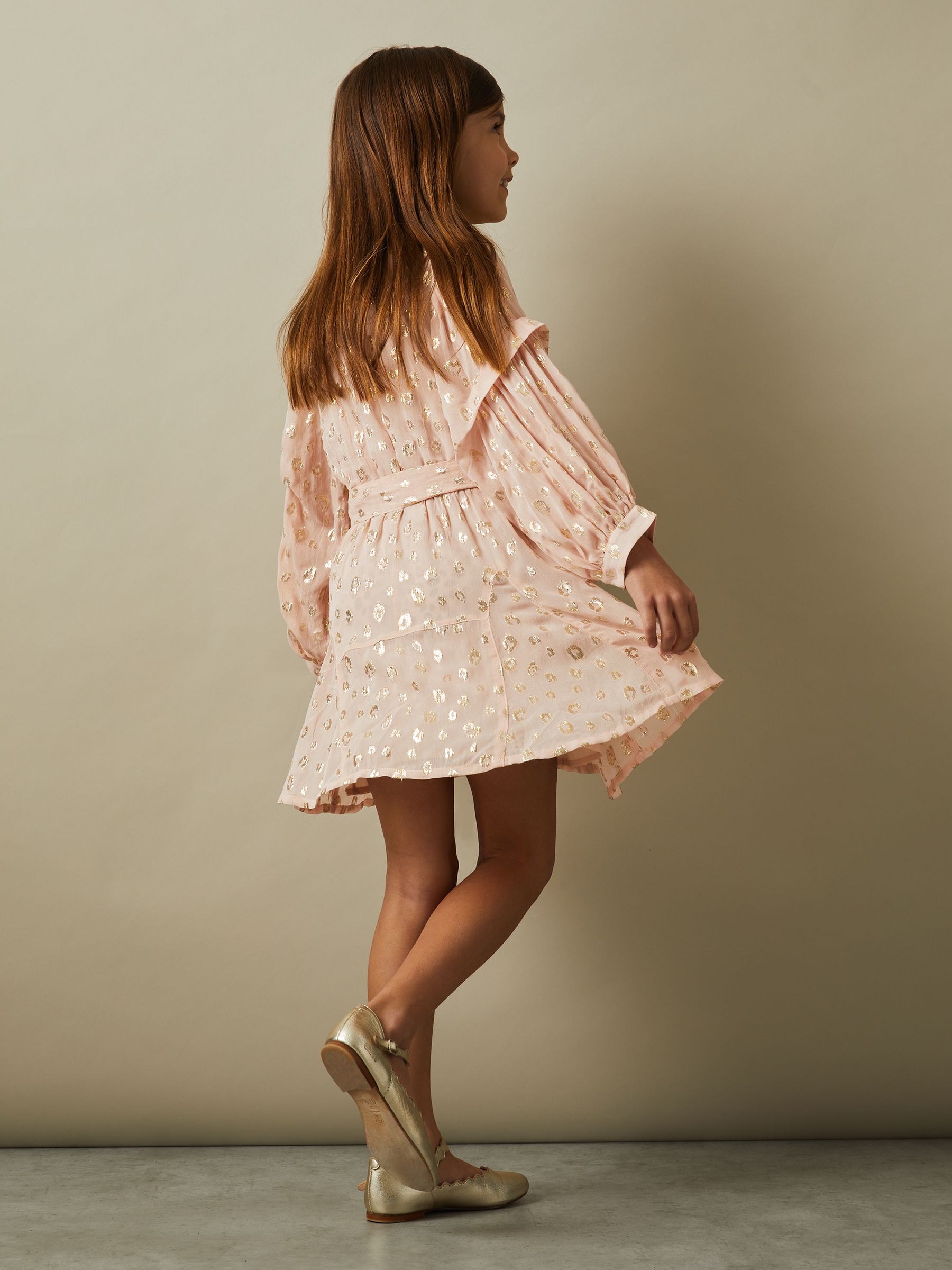 4-9 yrs Metallic Jacquard Print Puff Sleeve Dress in Pink - Image 3 of 5