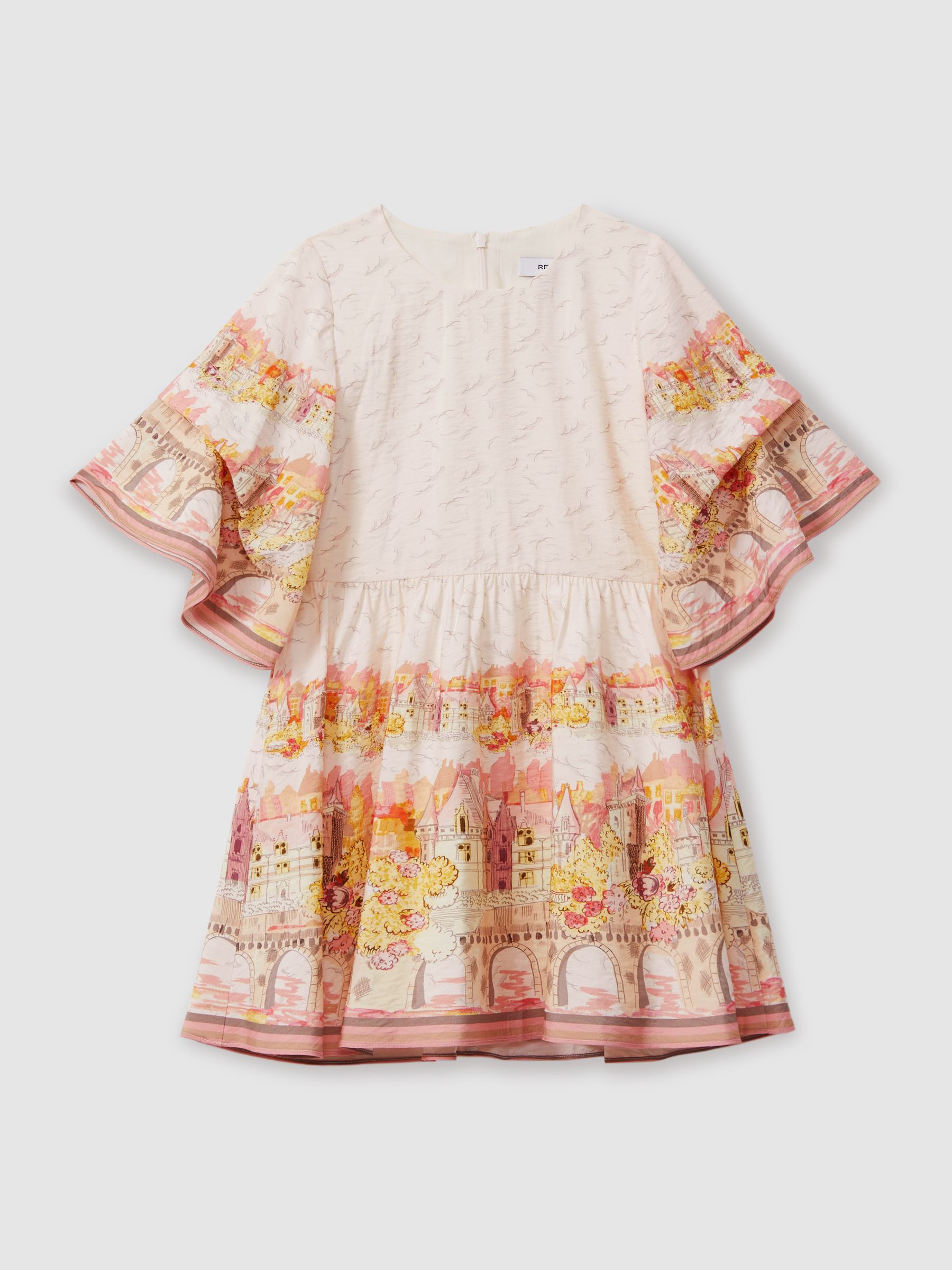 9-13 yrs Placement Print Flare Sleeve Dress in Pink Print - Image 2 of 4