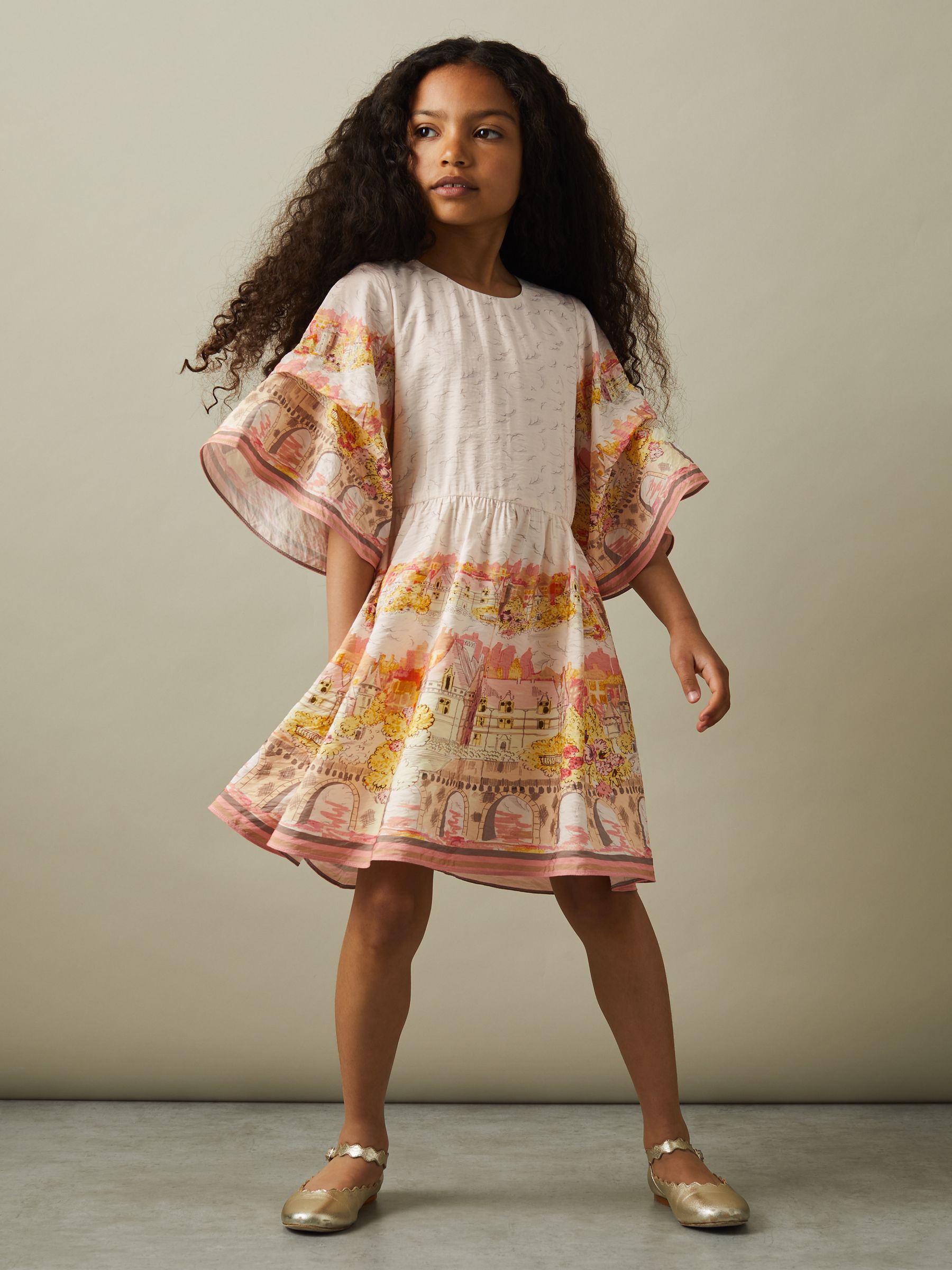 9-13 yrs Placement Print Flare Sleeve Dress in Pink Print - Image 3 of 4