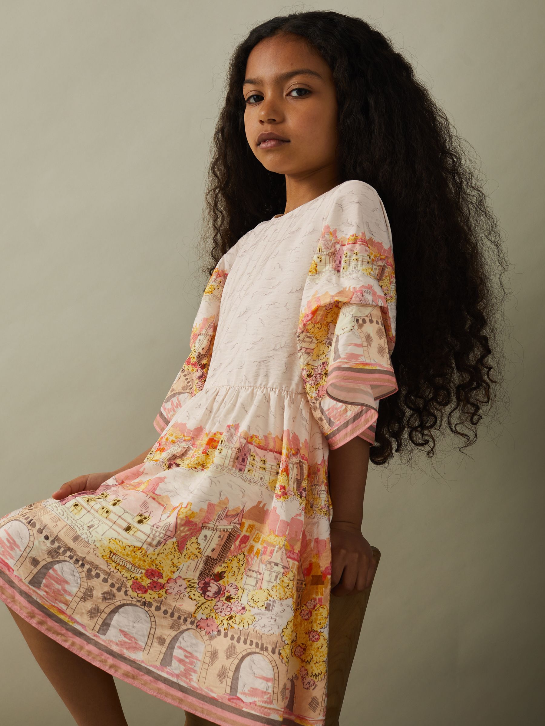 13-14 yrs Placement Print Flare Sleeve Dress in Pink Print - Image 3 of 4