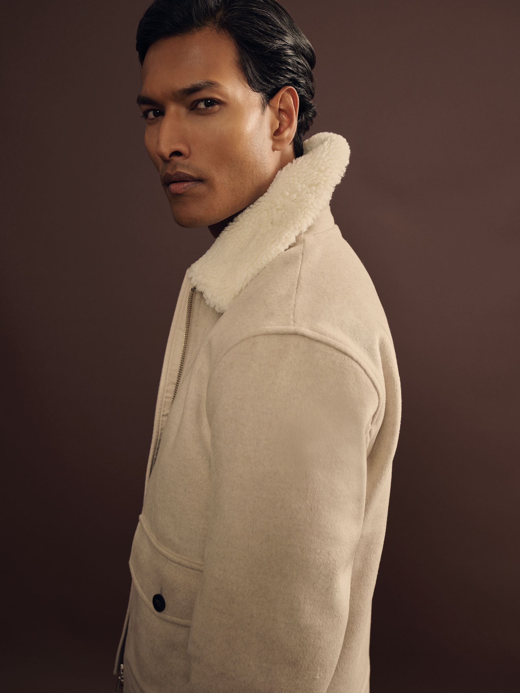 Wool Blend and Faux Shearling Jacket in Stone Melange - Image 3 of 10
