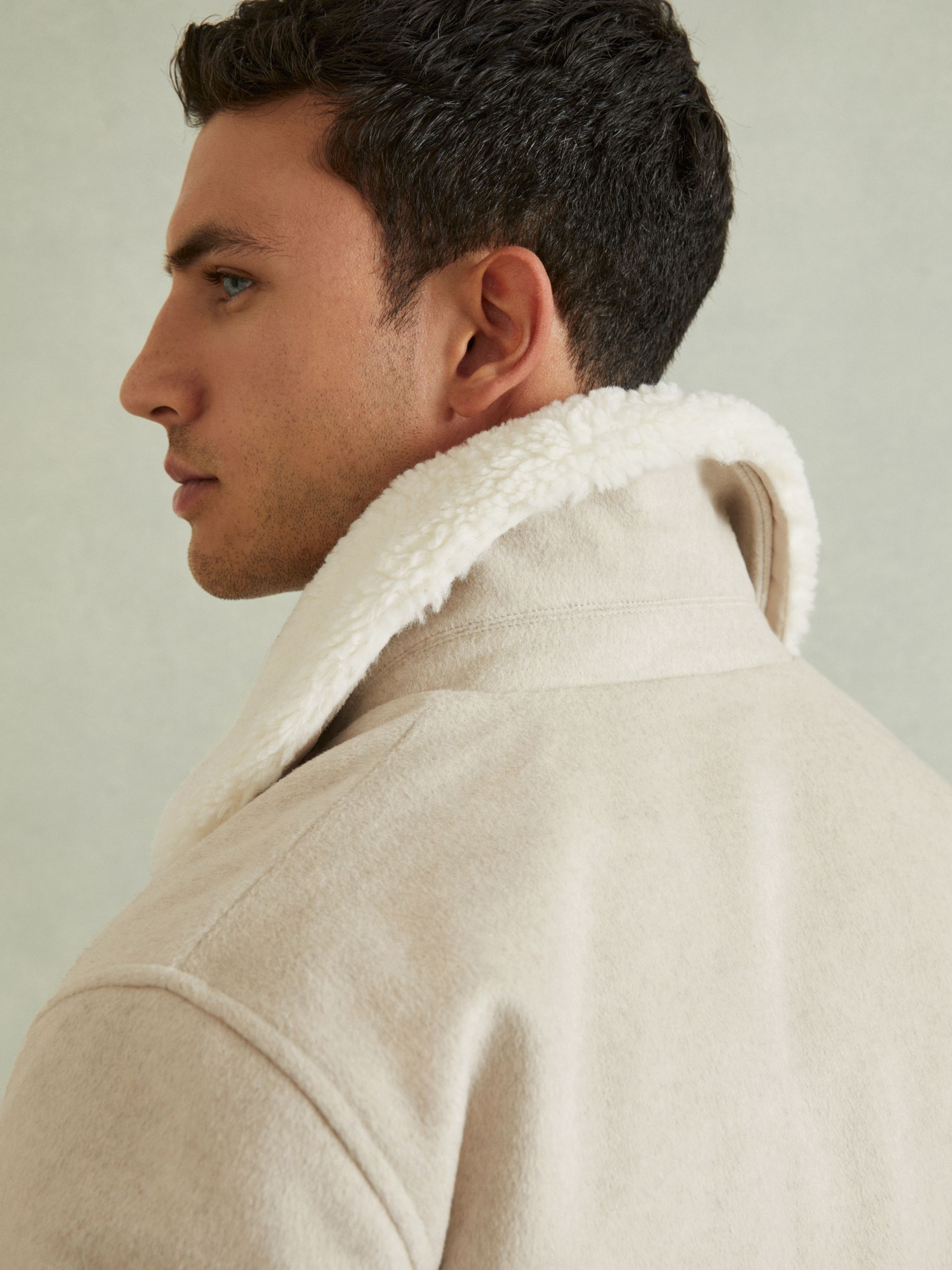 Wool Blend and Faux Shearling Jacket in Stone Melange - Image 6 of 10