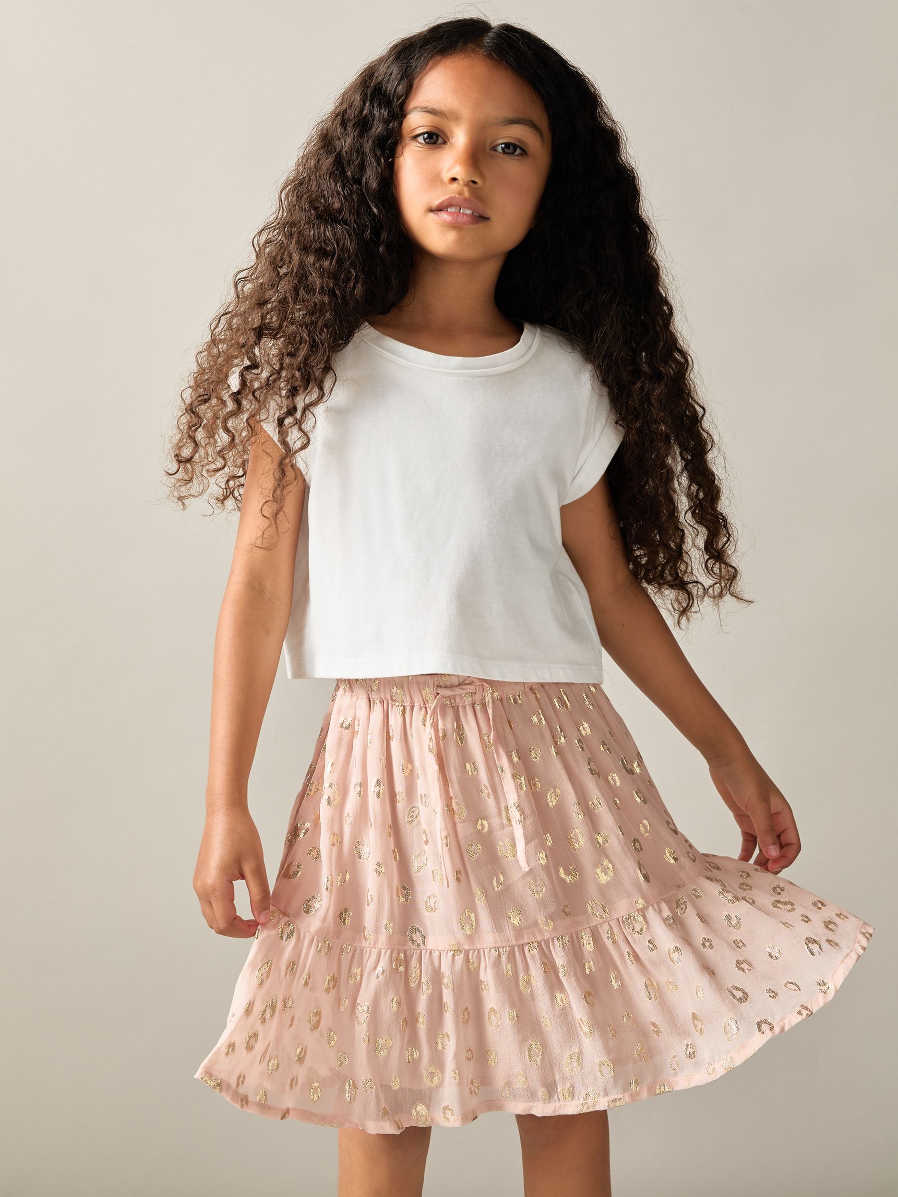 4-9 yrs Metallic Print Flounced Hem Skirt in Pink - Image 1 of 4