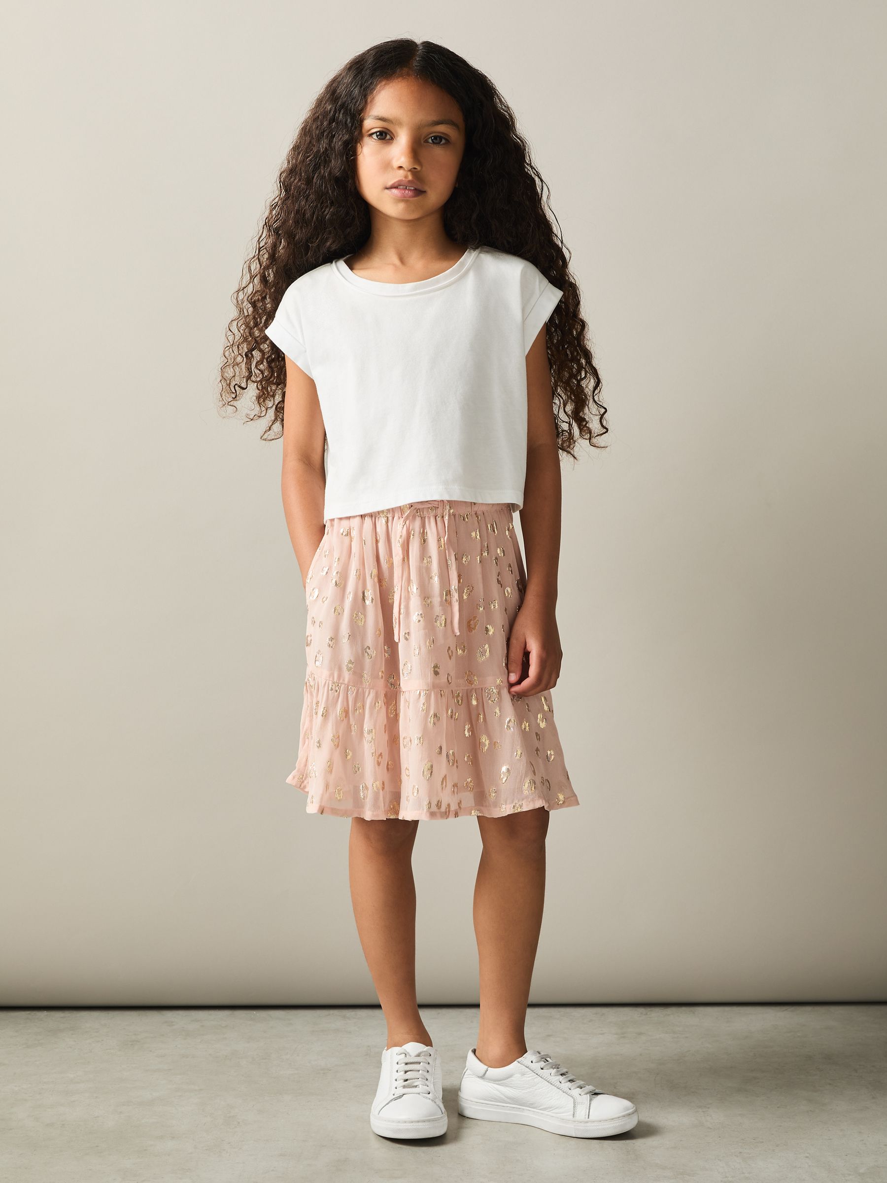 4-9 yrs Metallic Print Flounced Hem Skirt in Pink - Image 3 of 4