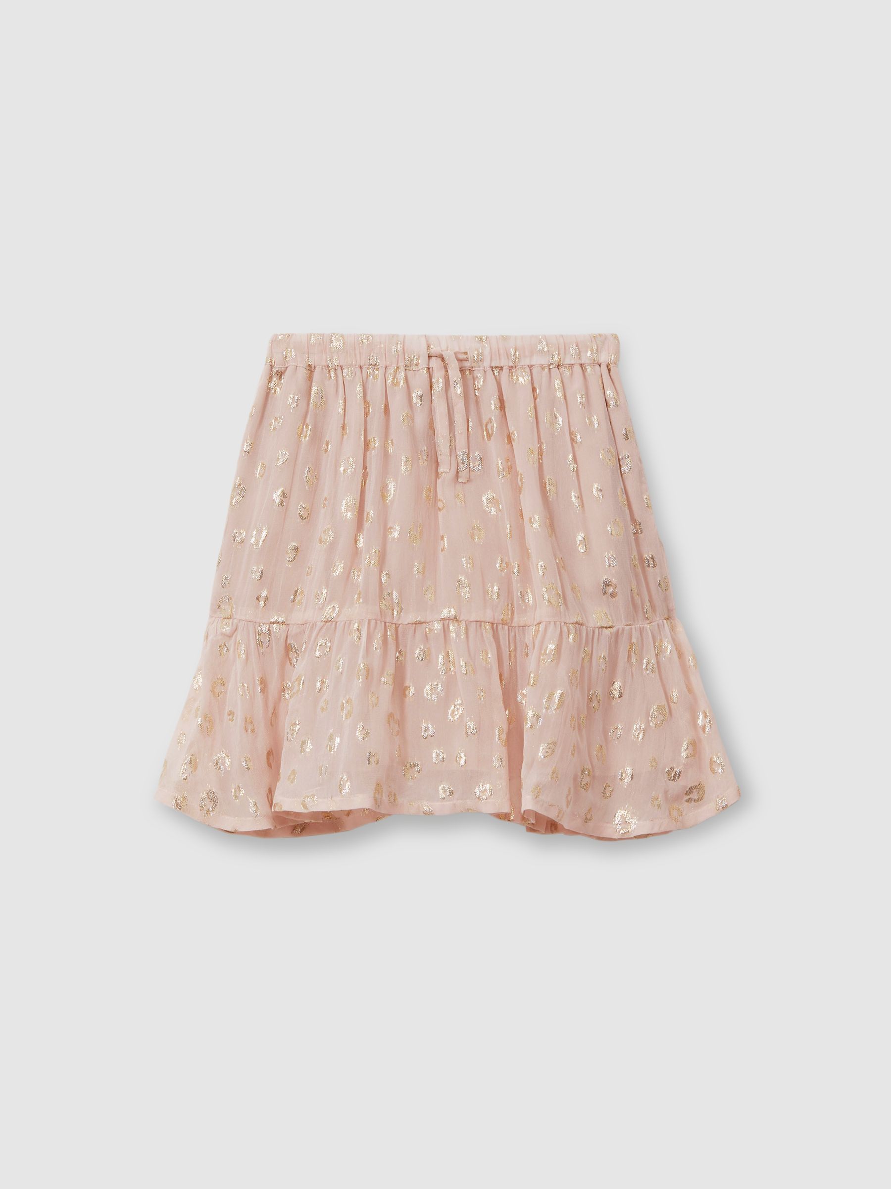 13-14 yrs Metallic Print Flounced Hem Skirt in Pink - Image 1 of 4 13-14 yrs Metallic Print Flounced Hem Skirt in Pink - Image 1 of 4