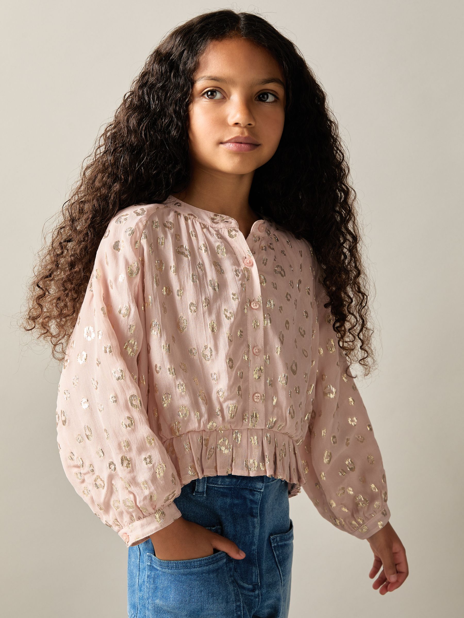 4-9 yrs Metallic Print Puff Sleeve Ruffle Top in Pink - Image 1 of 4 4-9 yrs Metallic Print Puff Sleeve Ruffle Top in Pink - Image 1 of 4