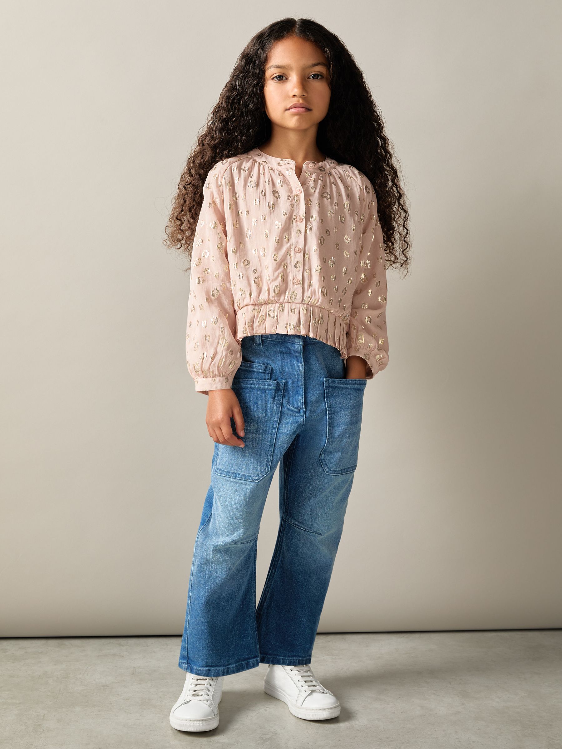 4-9 yrs Metallic Print Puff Sleeve Ruffle Top in Pink - Image 3 of 4