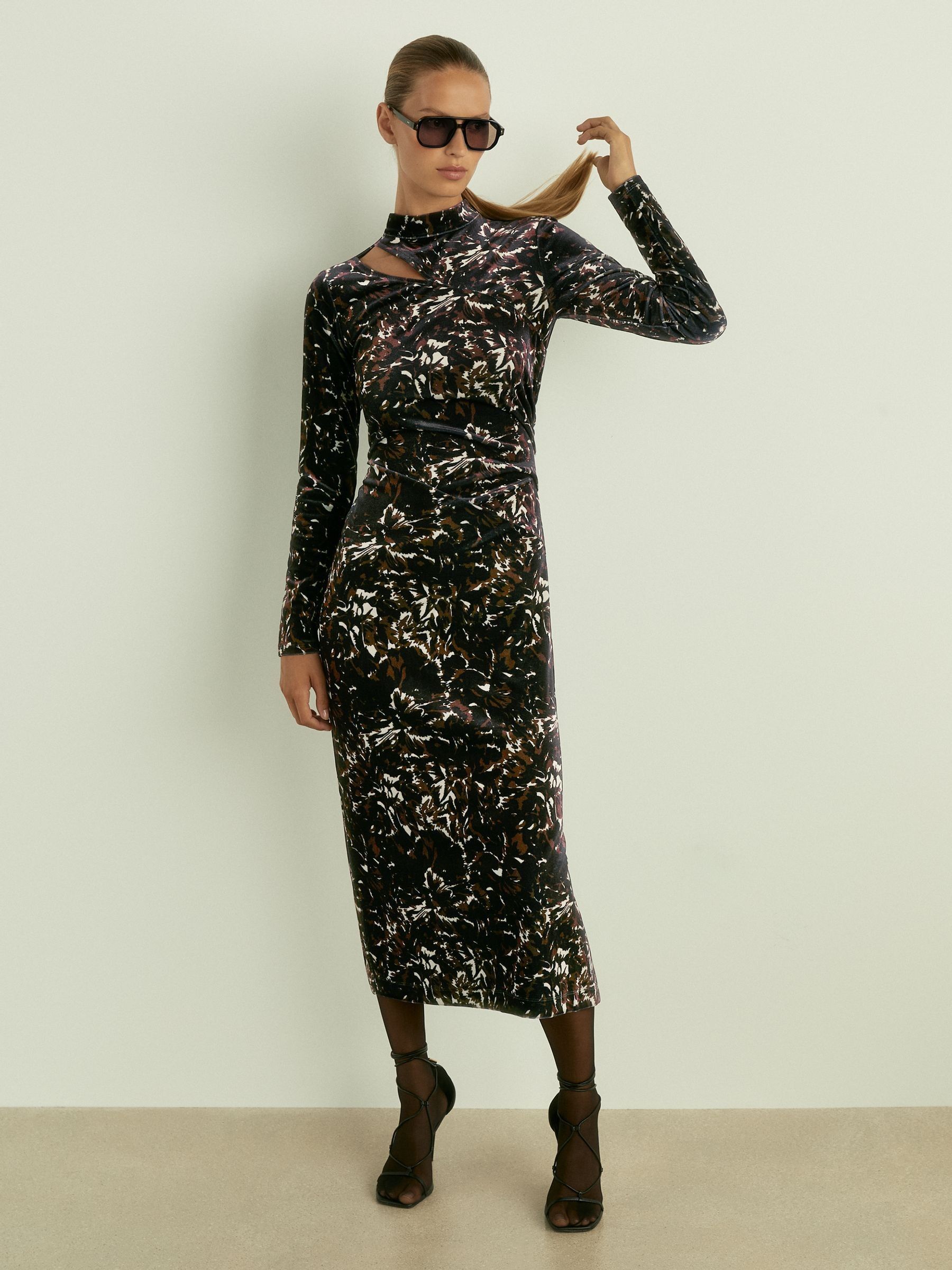 Cut Out Abstract Print Velvet Dress in Black - Image 1 of 6