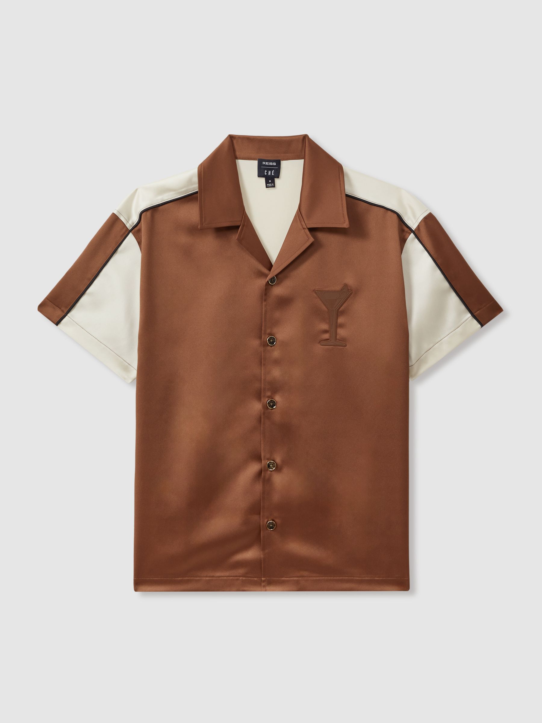 Noto Tobacco/Ecru Ché Satin Effect Colourblock Cuban Collar Shirt - Image 1 of 5