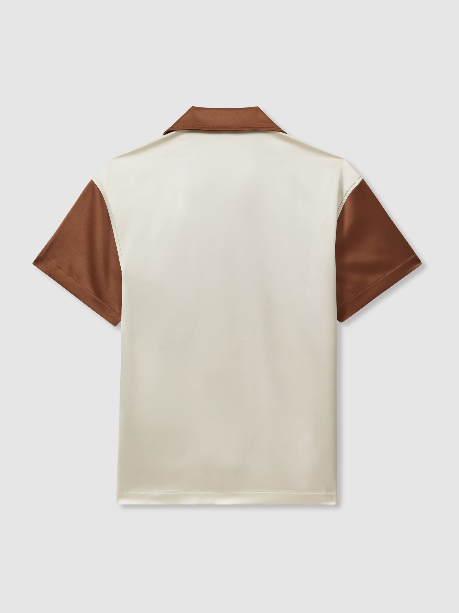 Noto Tobacco/Ecru Ché Satin Effect Colourblock Cuban Collar Shirt - Image 3 of 5