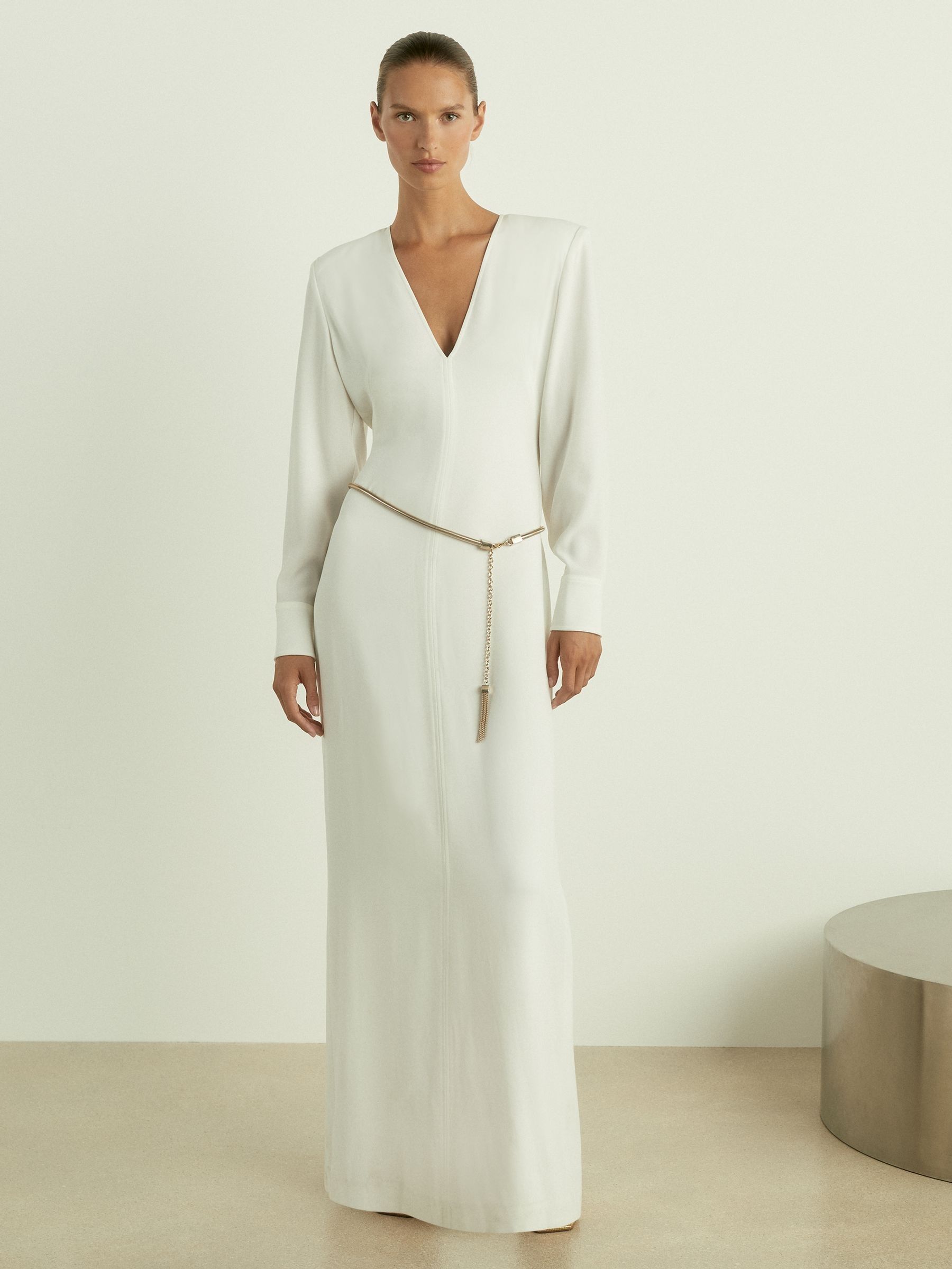 Plunge-Neck Crepe Maxi Dress in White - Image 3 of 6
