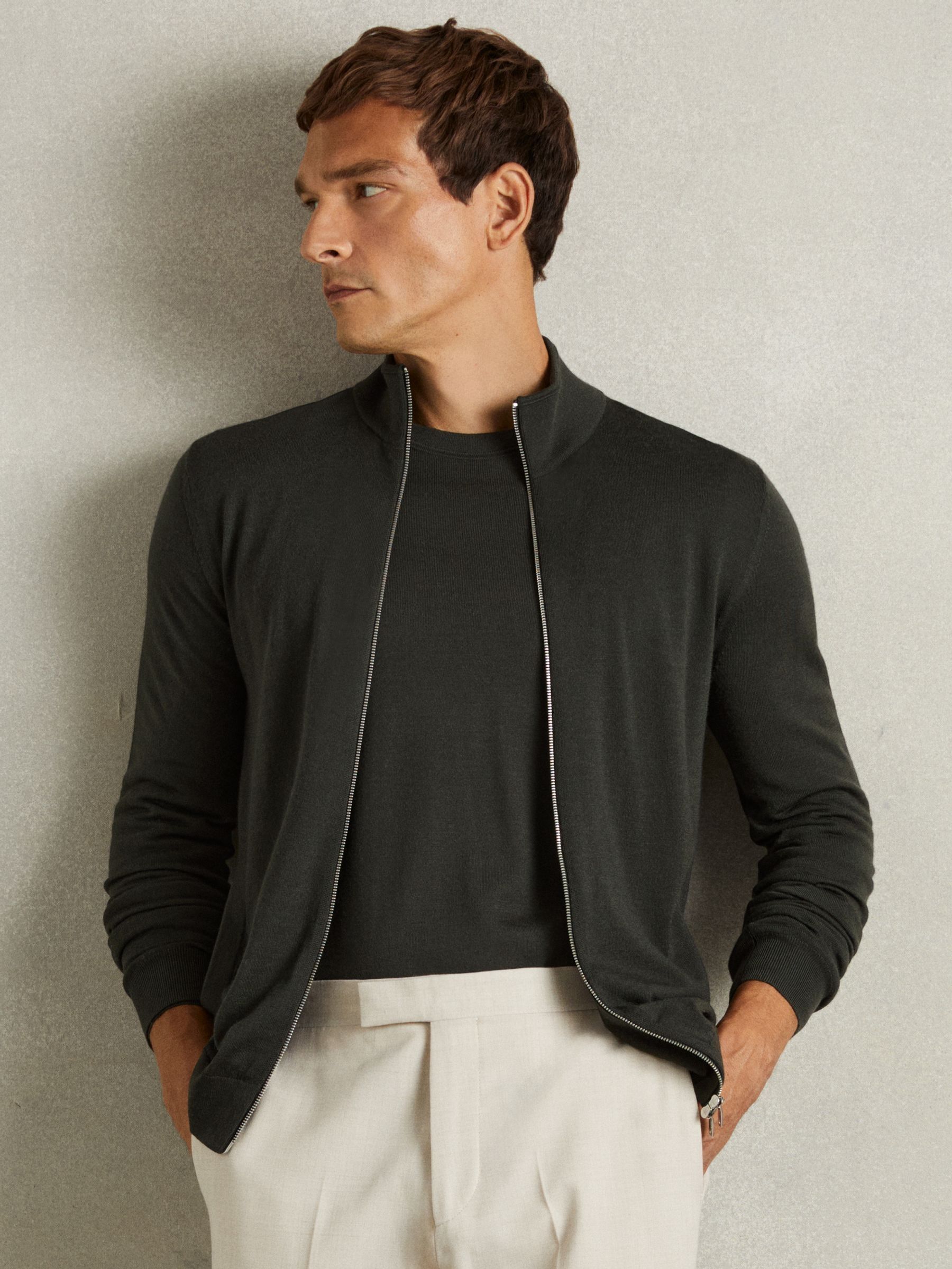 Merino Wool Zip-Through Funnel-Neck Cardigan in Dark Military Green - Image 1 of 6