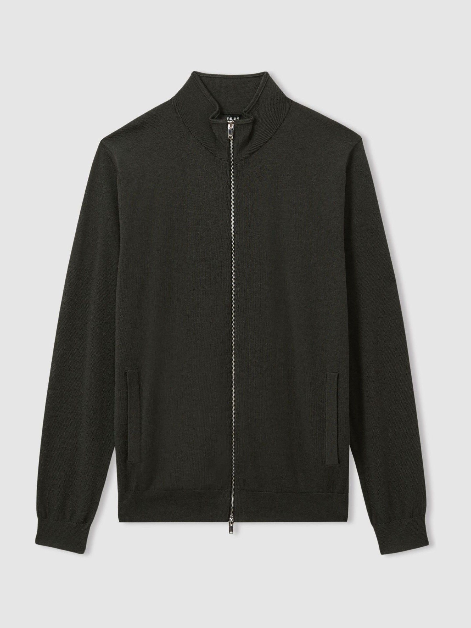 Merino Wool Zip-Through Funnel-Neck Cardigan in Dark Military Green - Image 2 of 6