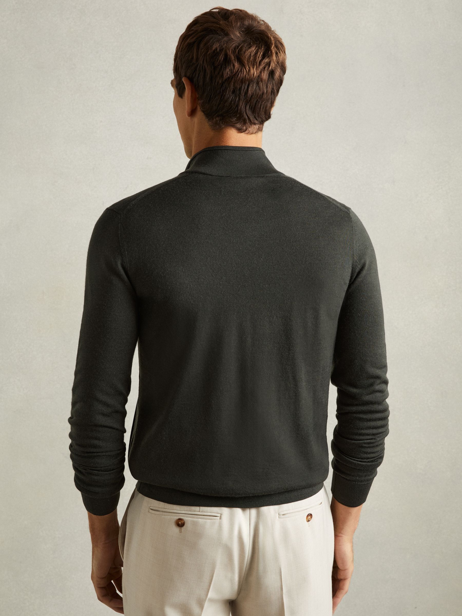 Merino Wool Zip-Through Funnel-Neck Cardigan in Dark Military Green - Image 5 of 6