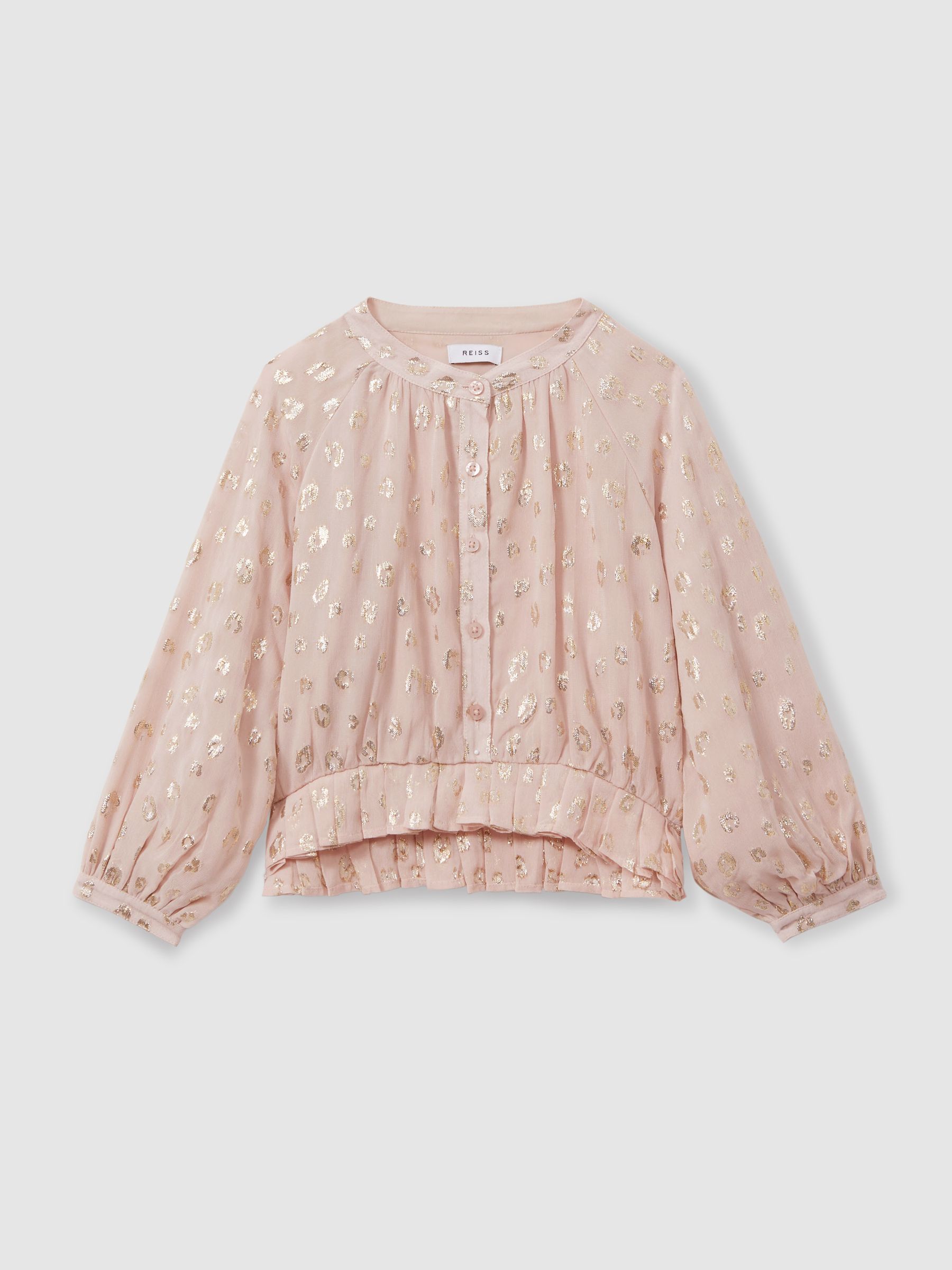 13-14 yrs Metallic Print Puff Sleeve Ruffle Top in Pink - Image 1 of 4