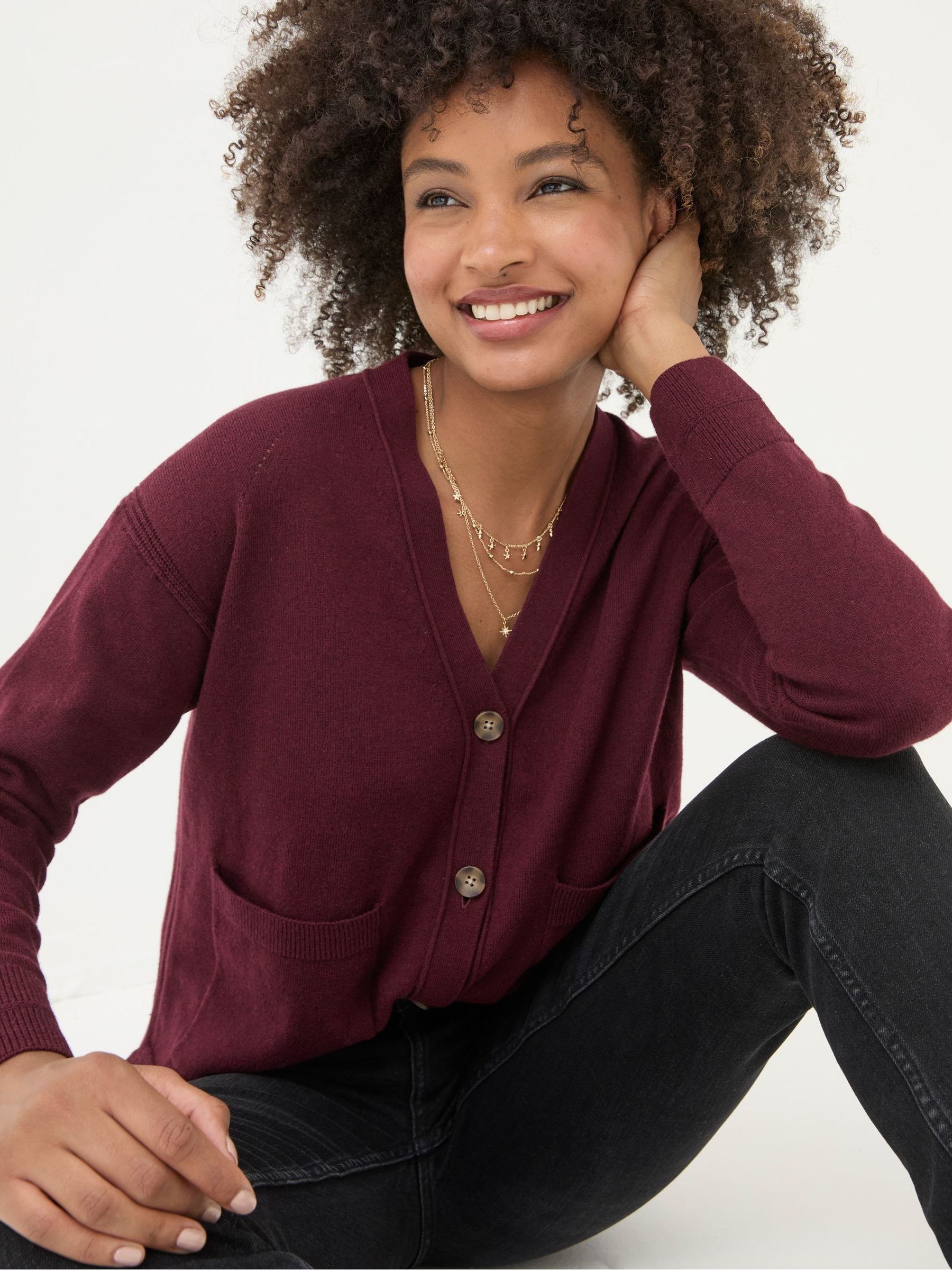 Grace Dark Red Cotton Cashmere Blend Cardigan - Image 3 of 5