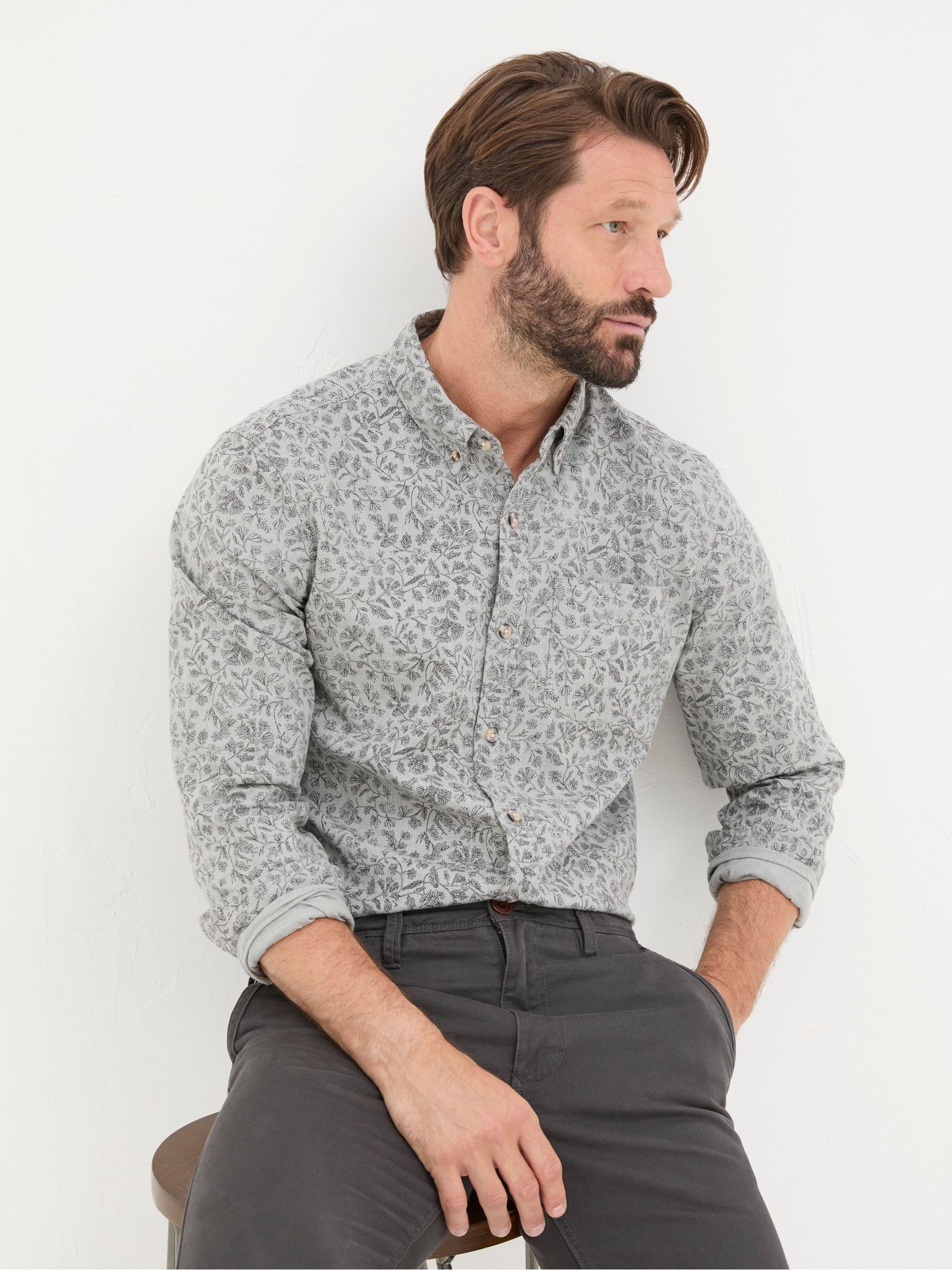 Grey Long Sleeve Sketch Floral Print Shirt - Image 4 of 5