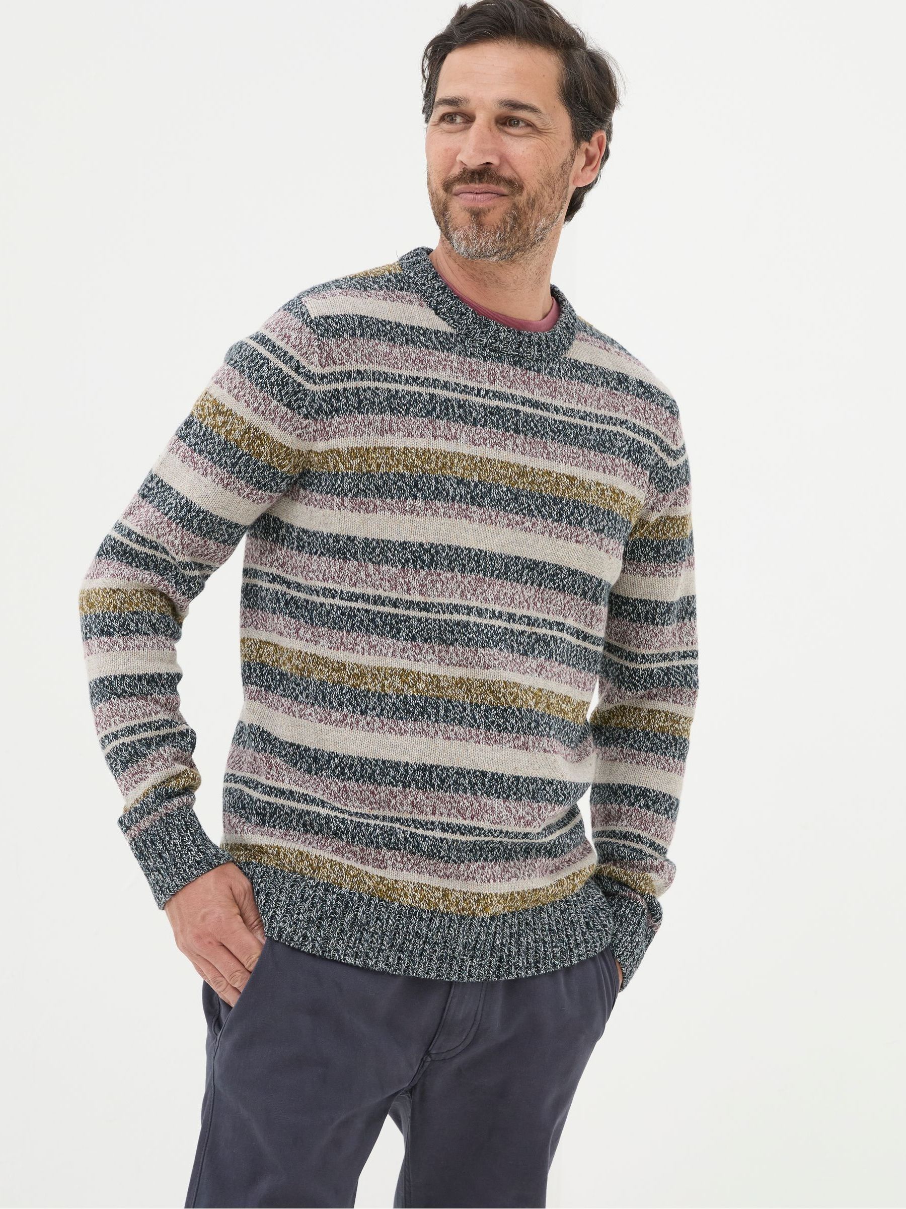 Hove Navy Blue Stripe Crew Jumper FatFace