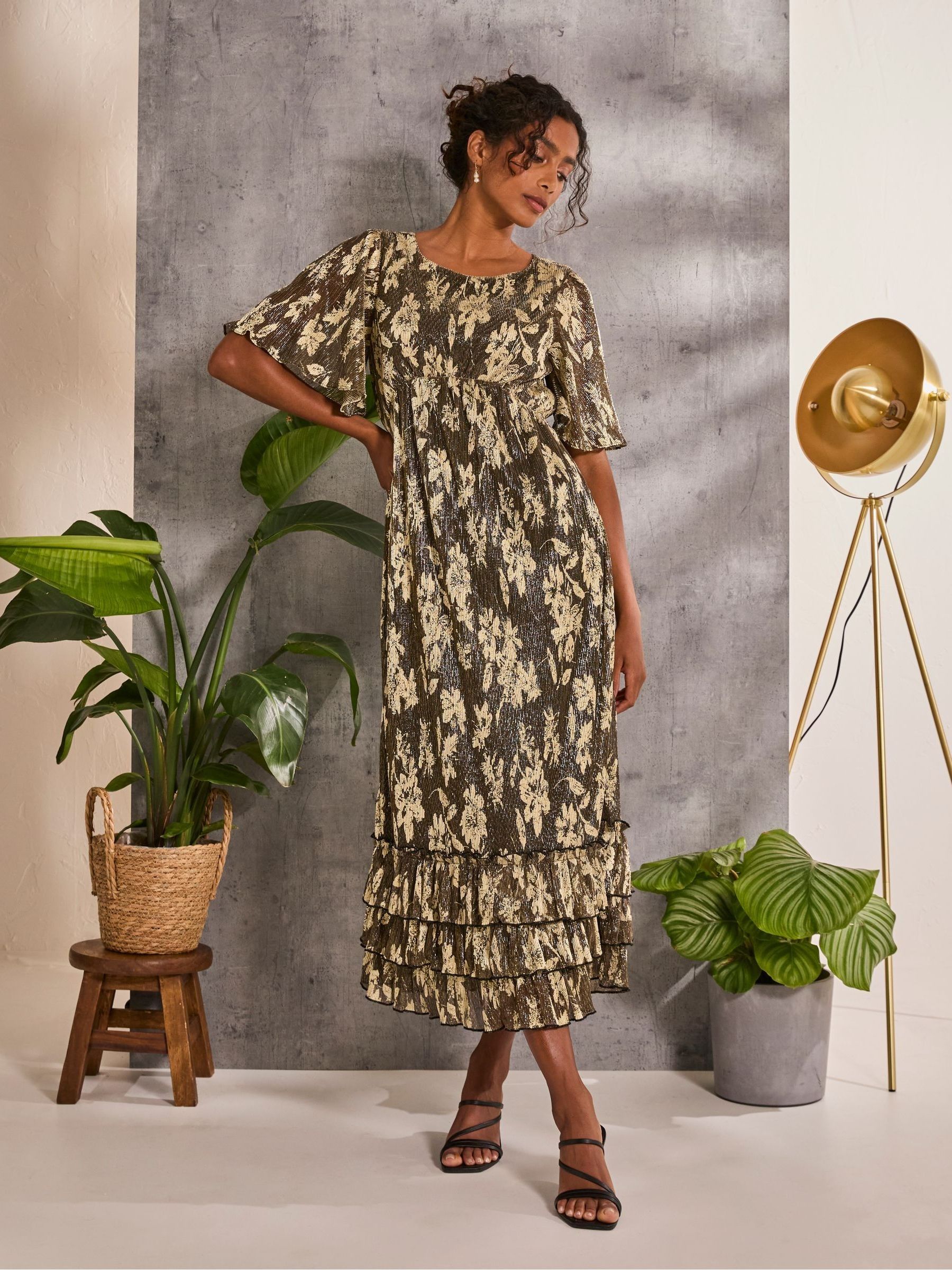 Lucia Gold Foil Plisse Maxi Dress - Image 1 of 6